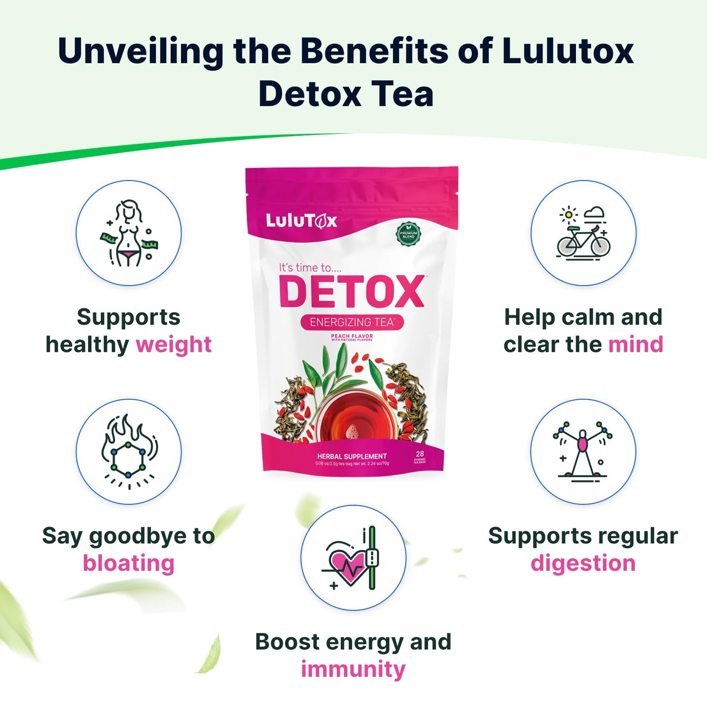 LULUTOX Original Detox Tea - Herbal Blend with Dandelion, Ginseng, and Ginger - Supports A Healthy Weight, Digestive Health - Vegan, All Natural, Laxative-Free - Peach Flavor (28 Servings)