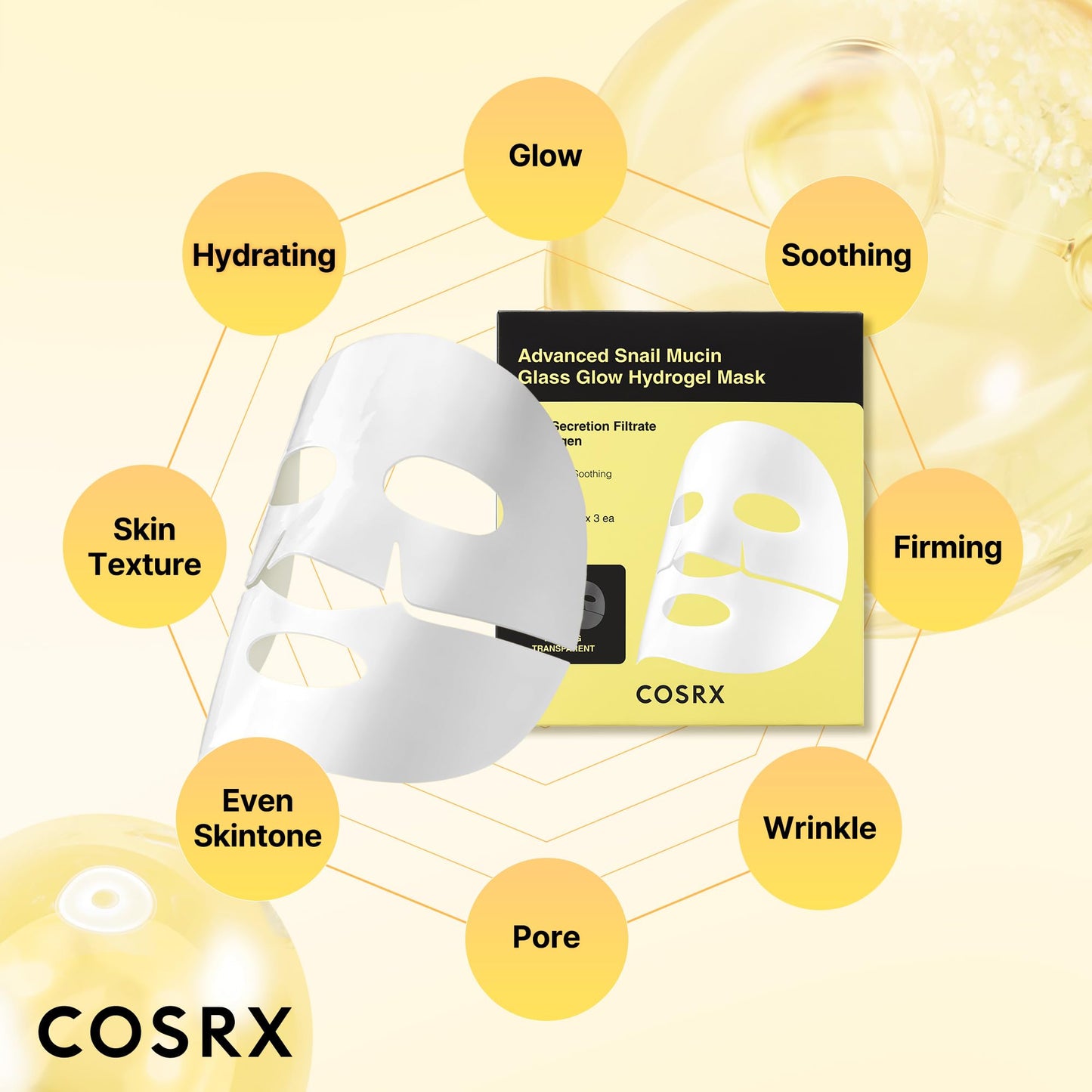 COSRX Advanced Snail Mucin Glass Glow Hydrogel Face Masks Skincare, Collagen Mask, Overnight Peel Off Korean Face Mask for Hydration Boost, Glass Skin Face Mask Korean Skincare, Pack of 3