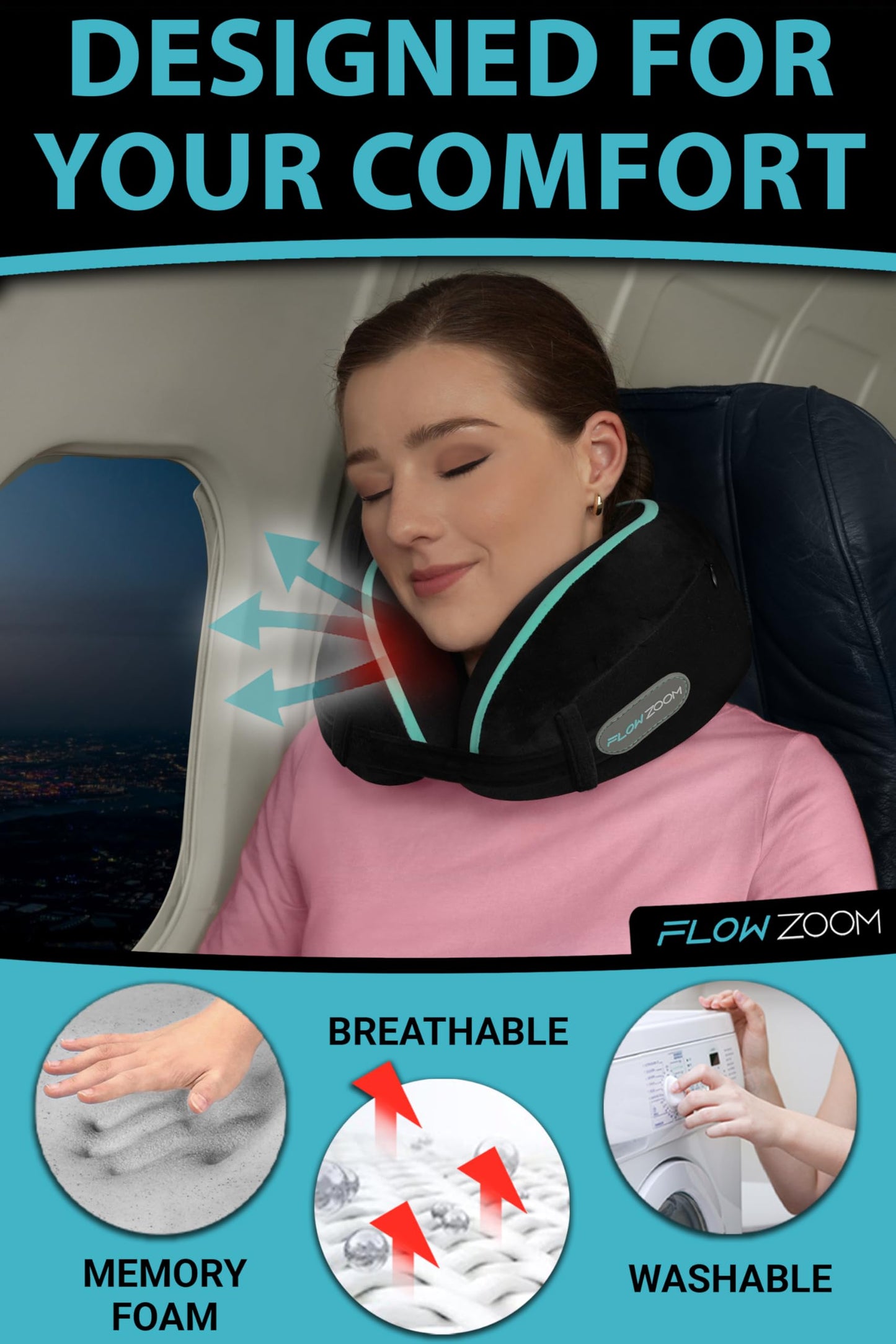 FLOWZOOM Dream Travel Neck Pillow for Airplane & Car – Adjustable Memory Foam Travel Cushion with Higher Sides for Extra Support, Soft, Washable Plush Cover and Compact Mash Bag - Black