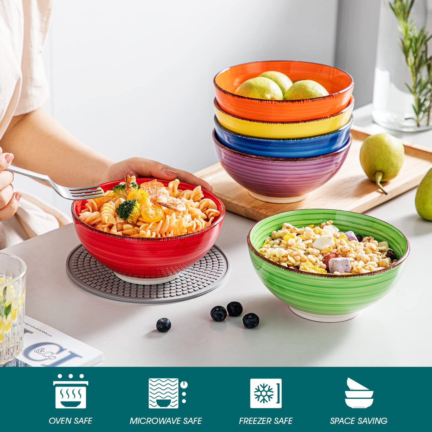 vancasso Bonita Cereal Bowls Set of 6, 27 Oz Ceramic Soup Bowls, Serving Bowls for Salad, Noodle, Porridge, Rice, Dishwasher & Microwave Safe, Warm Color