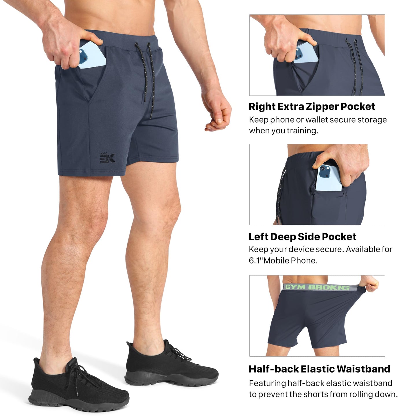 BROKIG Mens Stretch Gym Shorts, Lightweight Running Sport Training Workout Fitness Short Slim with Zip Pocket (XL,Dark Grey)
