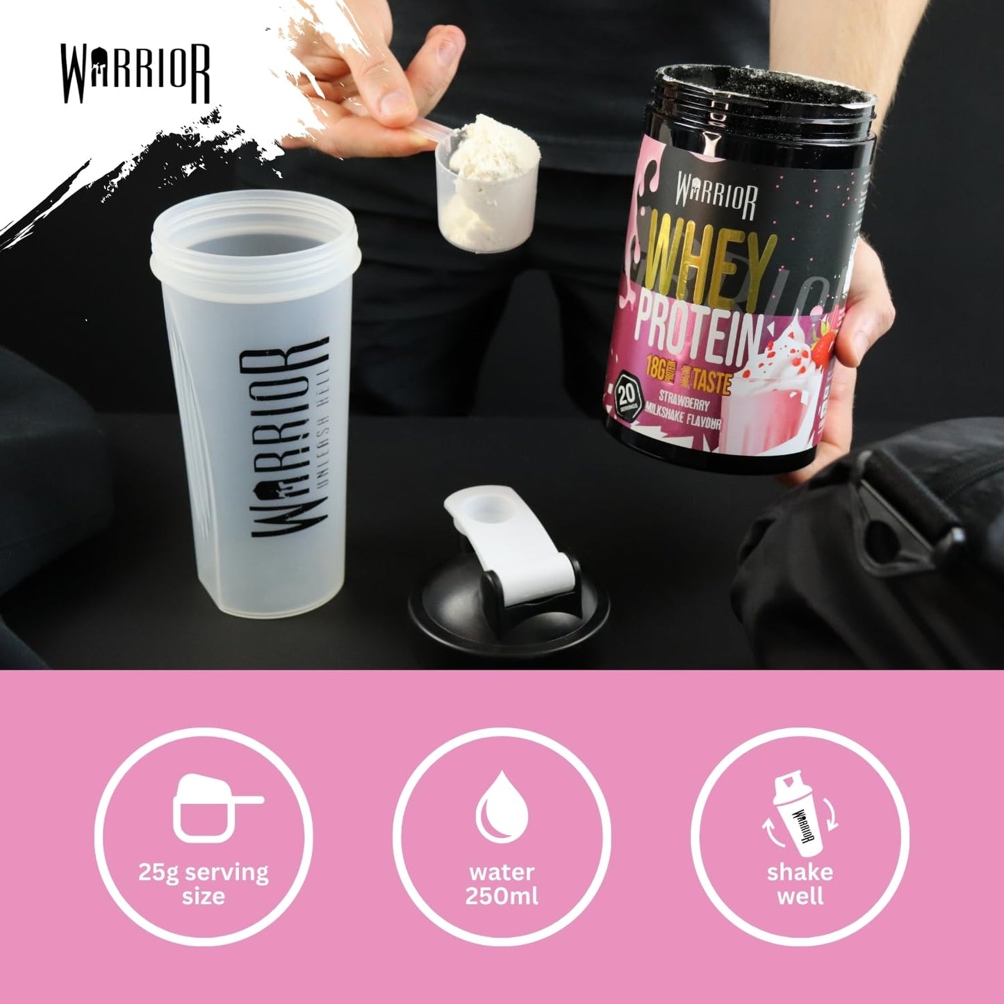 Warrior Whey Protein Powder 500g - Up to 36g* Protein per Shake – Low Sugar - Muscle Growth and Recovery Drink - Amazing Taste - 20 Servings - GMP Certified (Strawberry Milkshake)