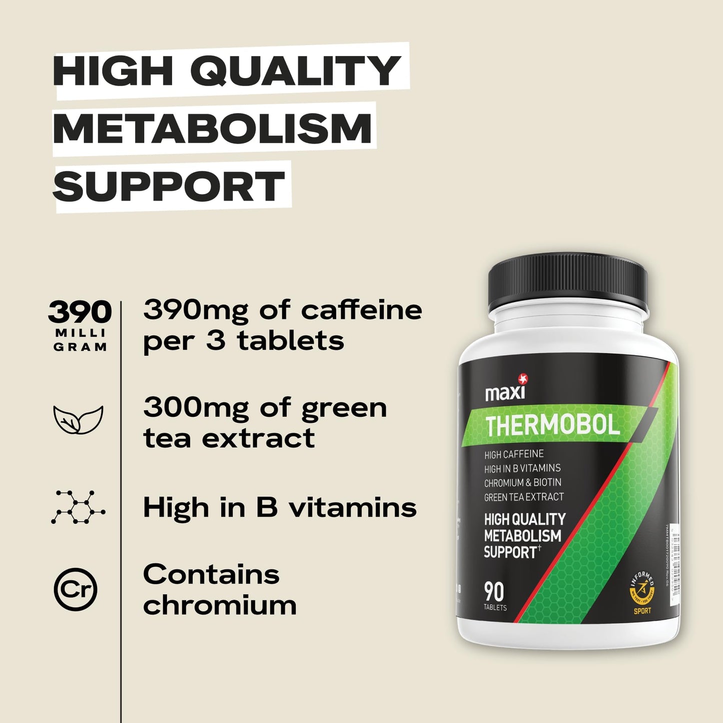 MaxiNutrition – Thermobol - Contains Chromium and Biotin, High in B Vitamins - 100mg Green Tea Extract, 130mg Caffeine per Serving, 90 Tablets