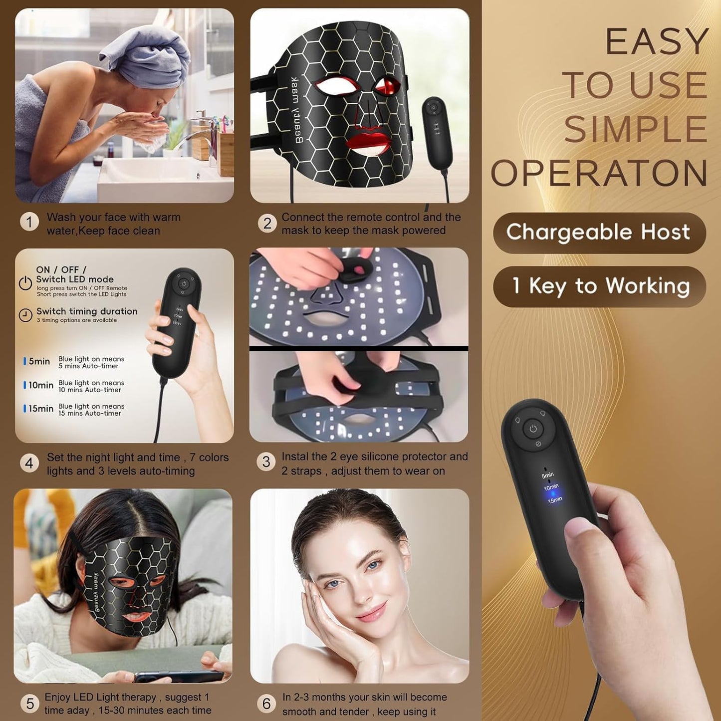LED Light Therapy Facial Mask Beauty Device Reusable Masks, Anti-Aging & Hydration for Glowing Skin– 3 Light Modes – Remote Control – Includes Eye Protection