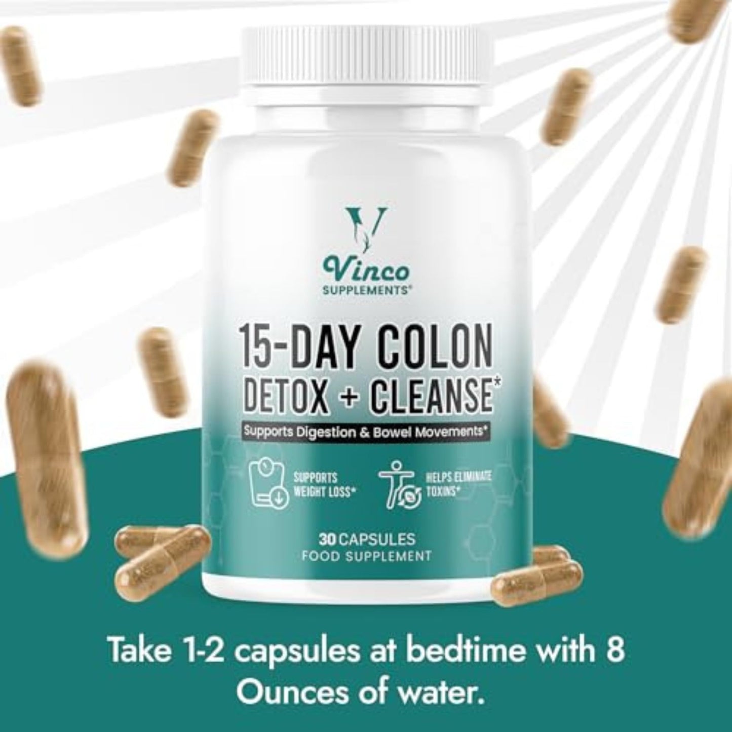 Vinco Colon Cleanse 15 Day Detox - Supports Weight Loss - Eliminates Toxins - Relieves Constipation & Bloating - Probiotics for Gut Health - Promotes Regularity - Herbal Stool Softener