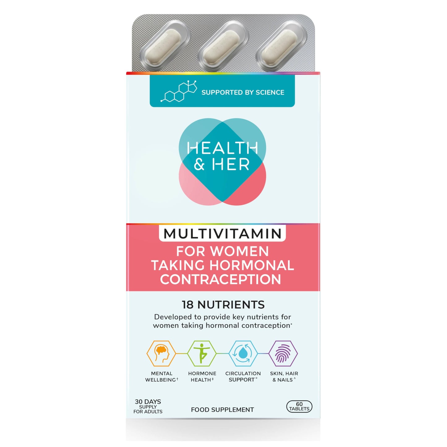 Health & Her Multivitamin Supplement for Women Taking Hormonal Contraception - Nutrition Support for Women & Teen Girls on The Pill - 1 Month Supply, 60 Tablets - Vegetarian & Gluten Free