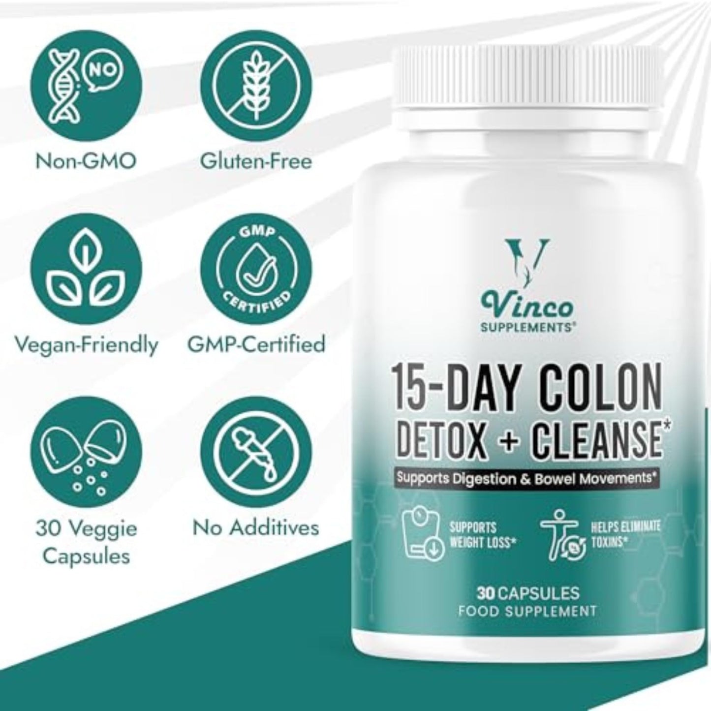 Vinco Colon Cleanse 15 Day Detox - Supports Weight Loss - Eliminates Toxins - Relieves Constipation & Bloating - Probiotics for Gut Health - Promotes Regularity - Herbal Stool Softener