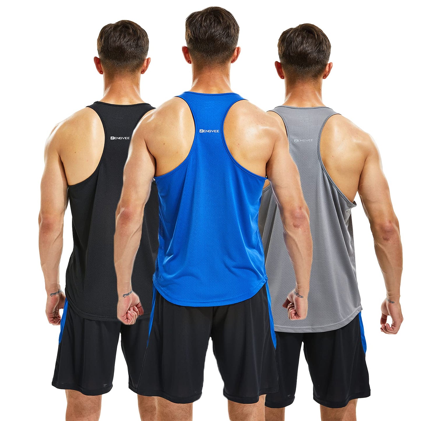 frueo 3 Pack Mens Workout Vest Quick Dry Workout Sleeveless Tops Breathable Y-Back Shirts Training Bodybuilding Vests (20418) Black Gray Blue-L