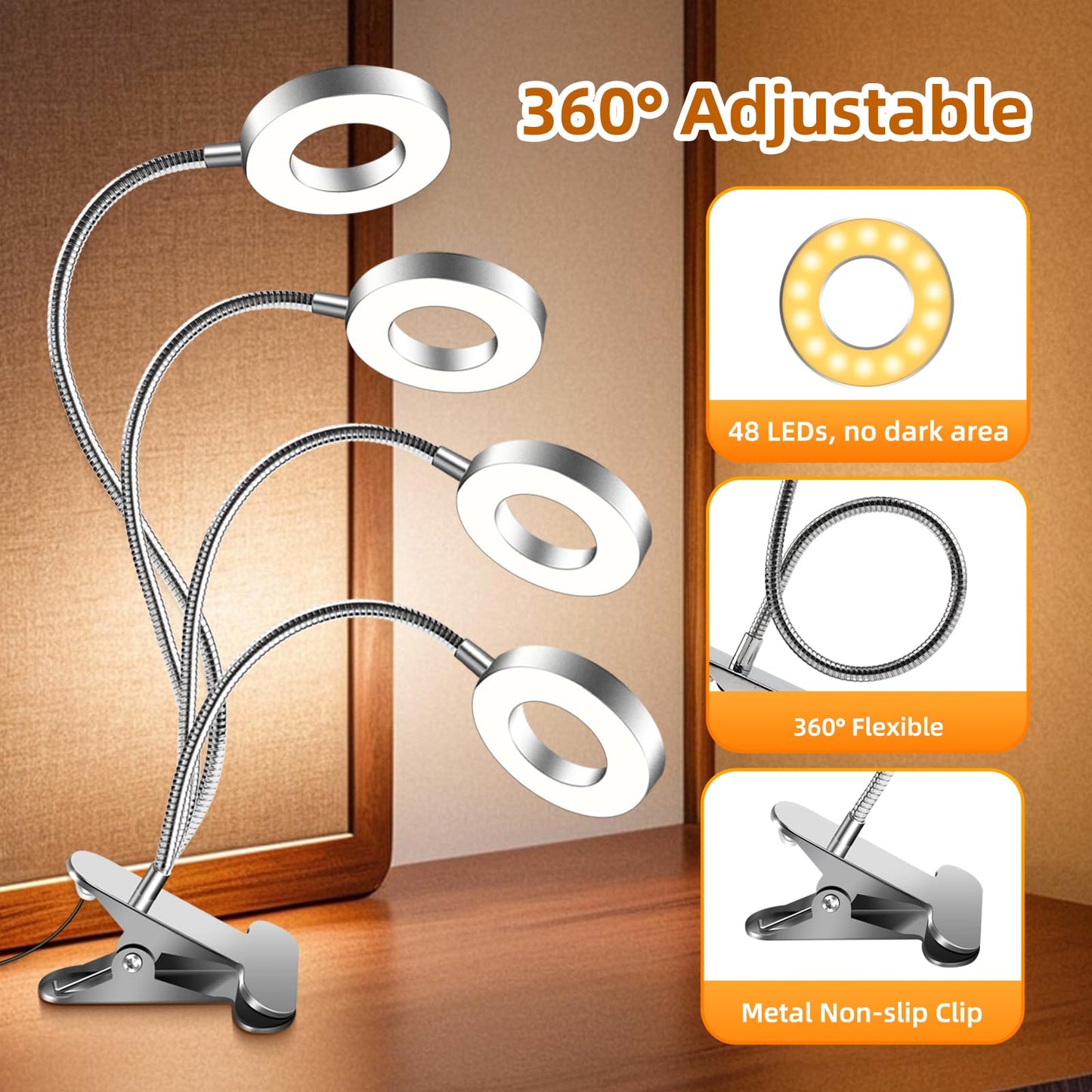 Akynite 7W USB Clip On Bedside Reading Light with Adapter, 3 Colour Changing & 10 Brightness, LED Nail Ring Light Clip on Desk, Flexible Clamp Beauty Lamp for Eyelash Extensions, Silver