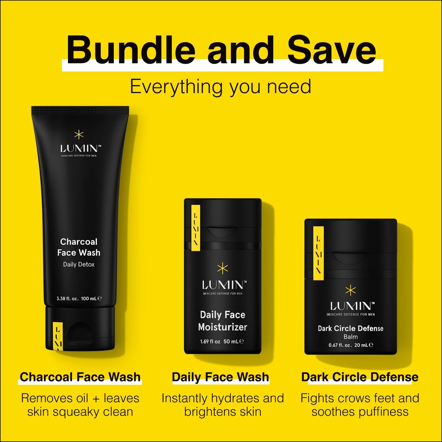 Lumin - No Baggage Trio - A skincare kit, Includes: Charcoal Face Wash Daily Detox, Daily Face Moisturiser & Dark Circle Defense Balm, Ideal for fine lines & dark circles, Suitable for all skin types