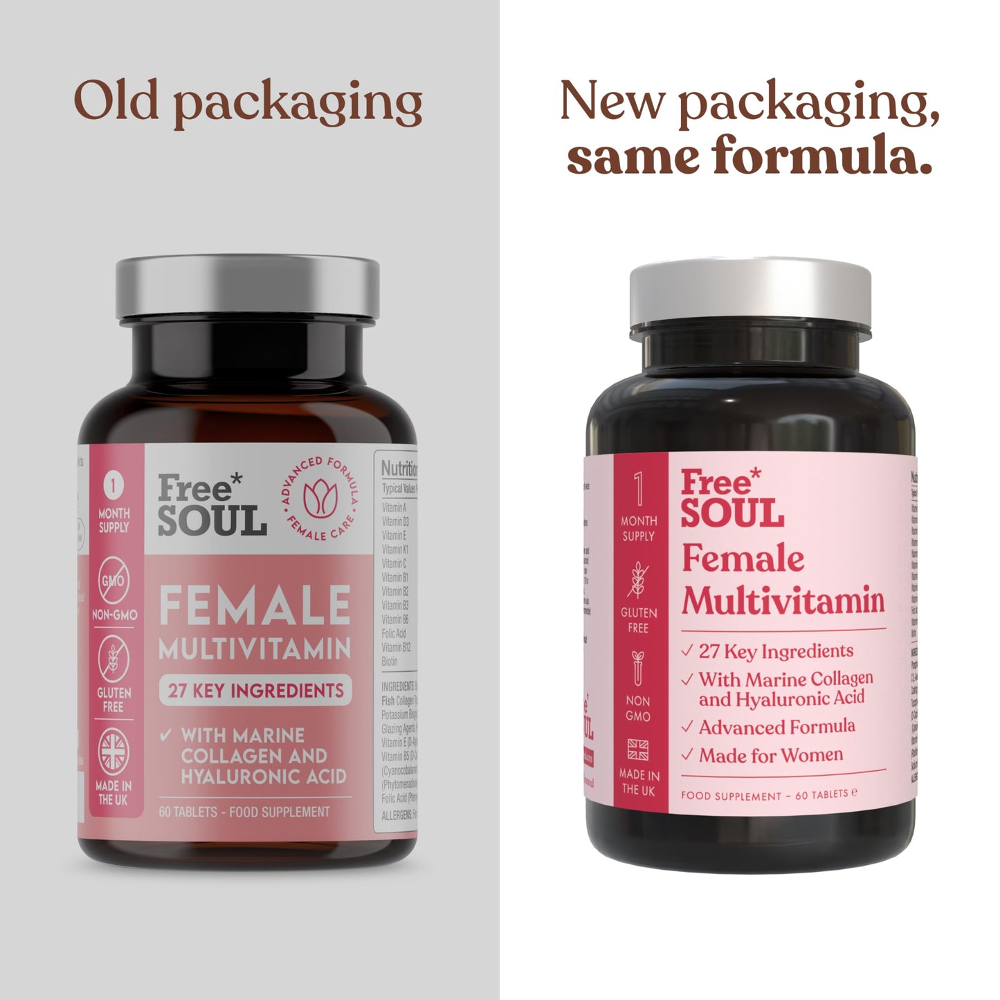 Women's Multivitamins & Minerals with Marine Collagen & Hyaluronic Acid | 27 Essential Vitamins, Minerals, & Botanicals | Gluten-Free & No Synthetic Fillers or Binders | 60 Tablets | Free Soul