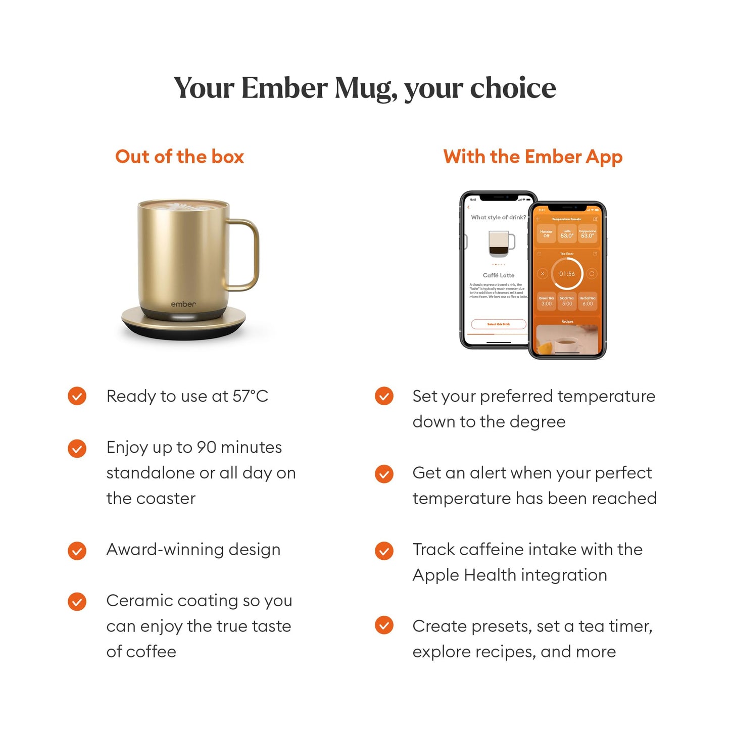 Ember Temperature Control Smart Mug 2-295 ml App-Controlled and Rechargeable Heated Coffee Mug with Intelligent LED Display, 1.5-hr Battery Life and Improved Design, Gold