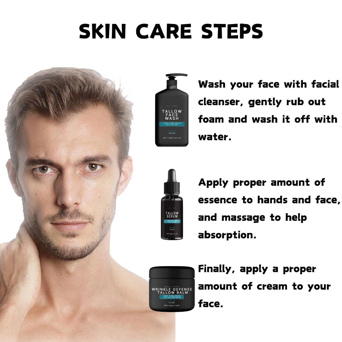 Mens Gift Set - Gifts for Dad - Mens Skincare Gift Sets for Face Cream & Face Serum & Face Cleanser - Beef Tallow Skin Care - Mens Skin Care Gift Sets - Gifts for Him - Wrinkle Defense Tallow Balm