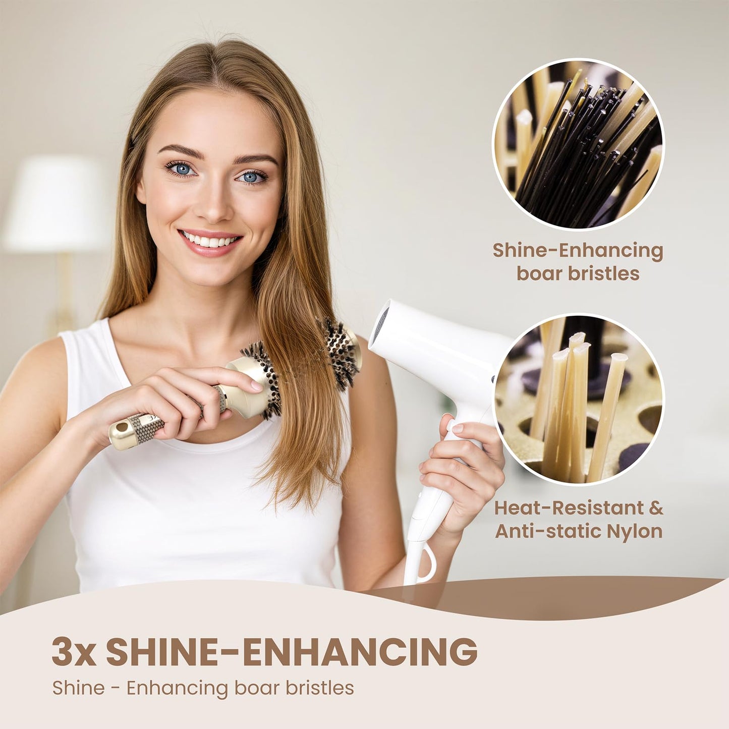 AIMIKE Round Brush for Blow Drying, Large Round Hair Brush for Long Hair, Nano Thermal Ceramic & Ionic Tech for for Creating Voluminous, Smooth, and Seek Styles - (Barrel 53mm,84mm w/Boar Bristles)