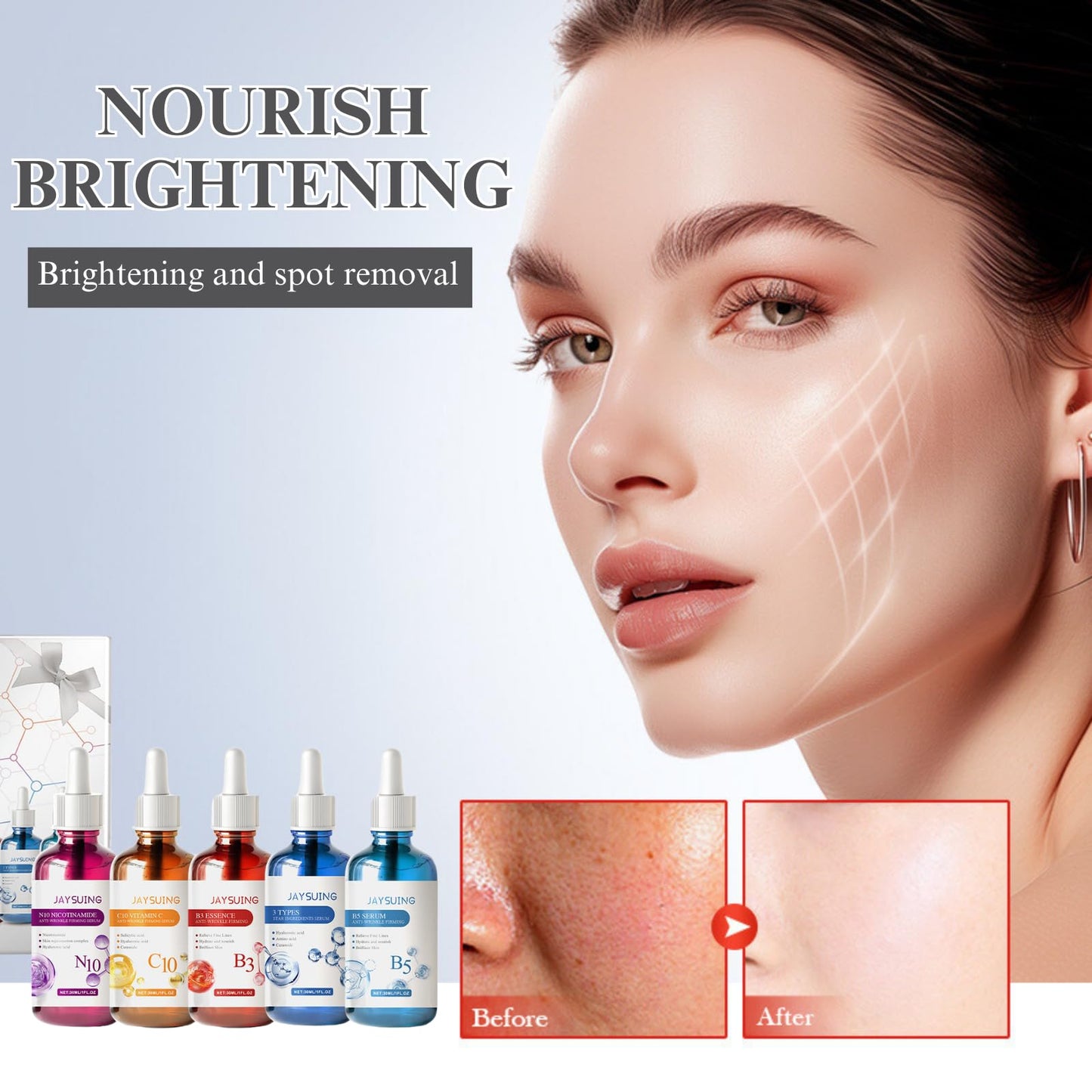 Face Serum Set - Beauty Gift Set for Her, Skin Care Gift Set, Facial Serum Set, 5-in-1 Face Care Set for Women with N10 Nicotinamide, C10 Vitamin C, B3, B5, and 3-in-1 Serums (30ml Each)