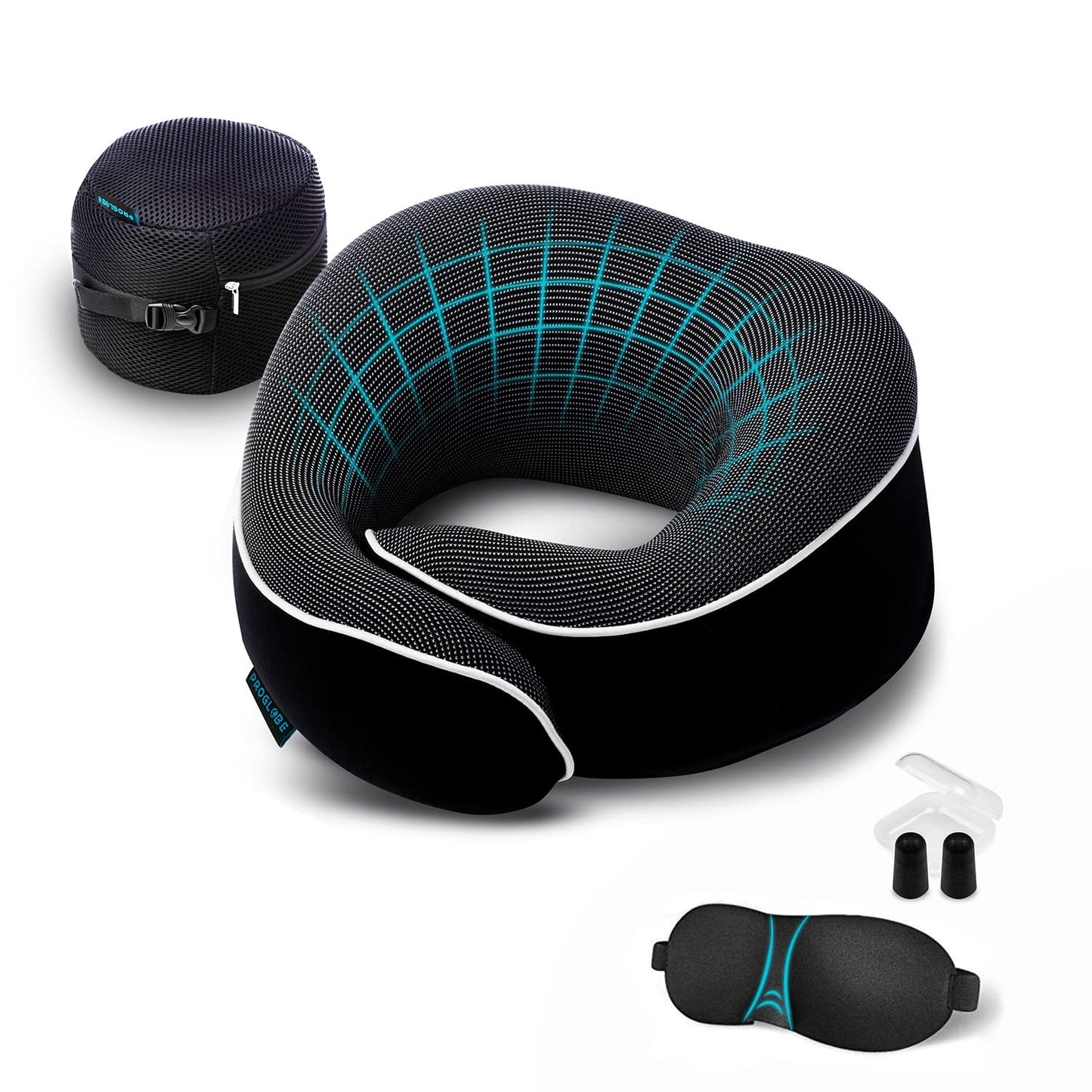 Proglobe Travel Pillow, Memory Foam Neck Pillow Set, Orthopedic Pillow, Travel Essentials for Flying, Kit with 3D Contoured Sleep Mask, Earplugs and Luxury Mesh Bag (Black)