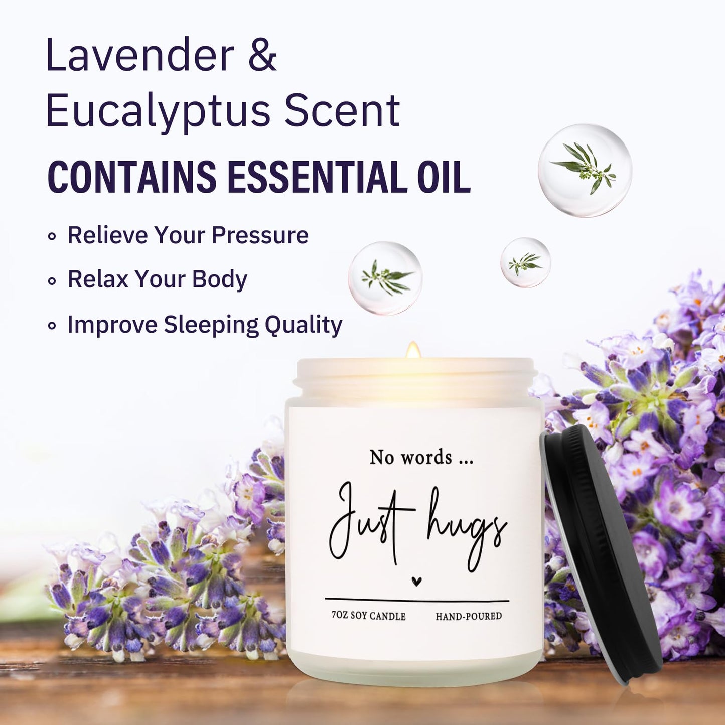 Leebbsin Sympathy Gift- No Words Just Hugs Candle Handmade Lavender- Bereavement/Thinking of You Gifts, Condolence/Cheer Up/Get Well Soon Gifts for Women Men, Comfort, Hug Gift, 7oz