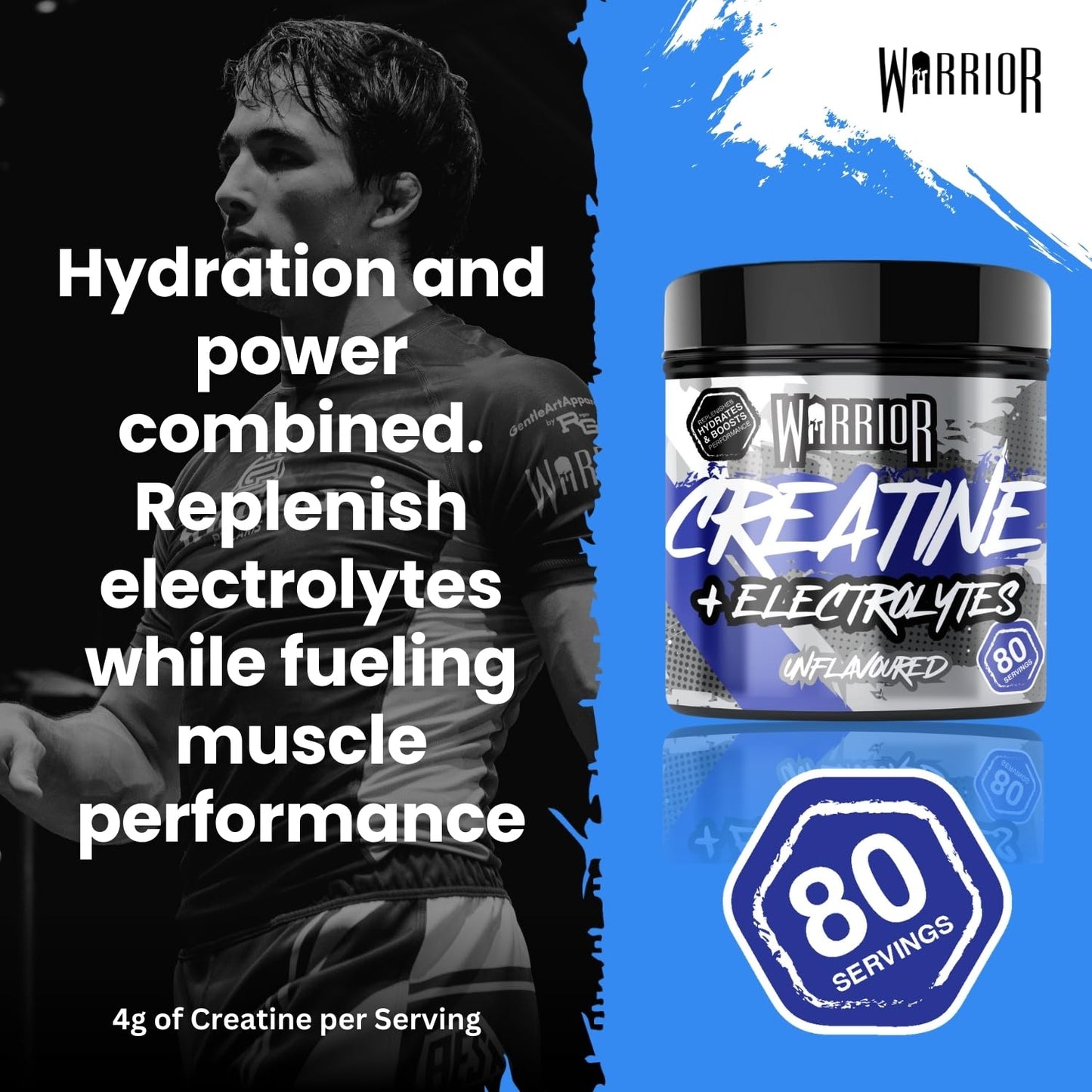 Warrior Creatine Monohydrate Plus Electrolytes Powder 360g - Hydration and Performance Drink - Nutrition Shake to Promote Muscle Growth (Not Tablets, Sachet, Gummies) - 80 Servings (Unflavoured)