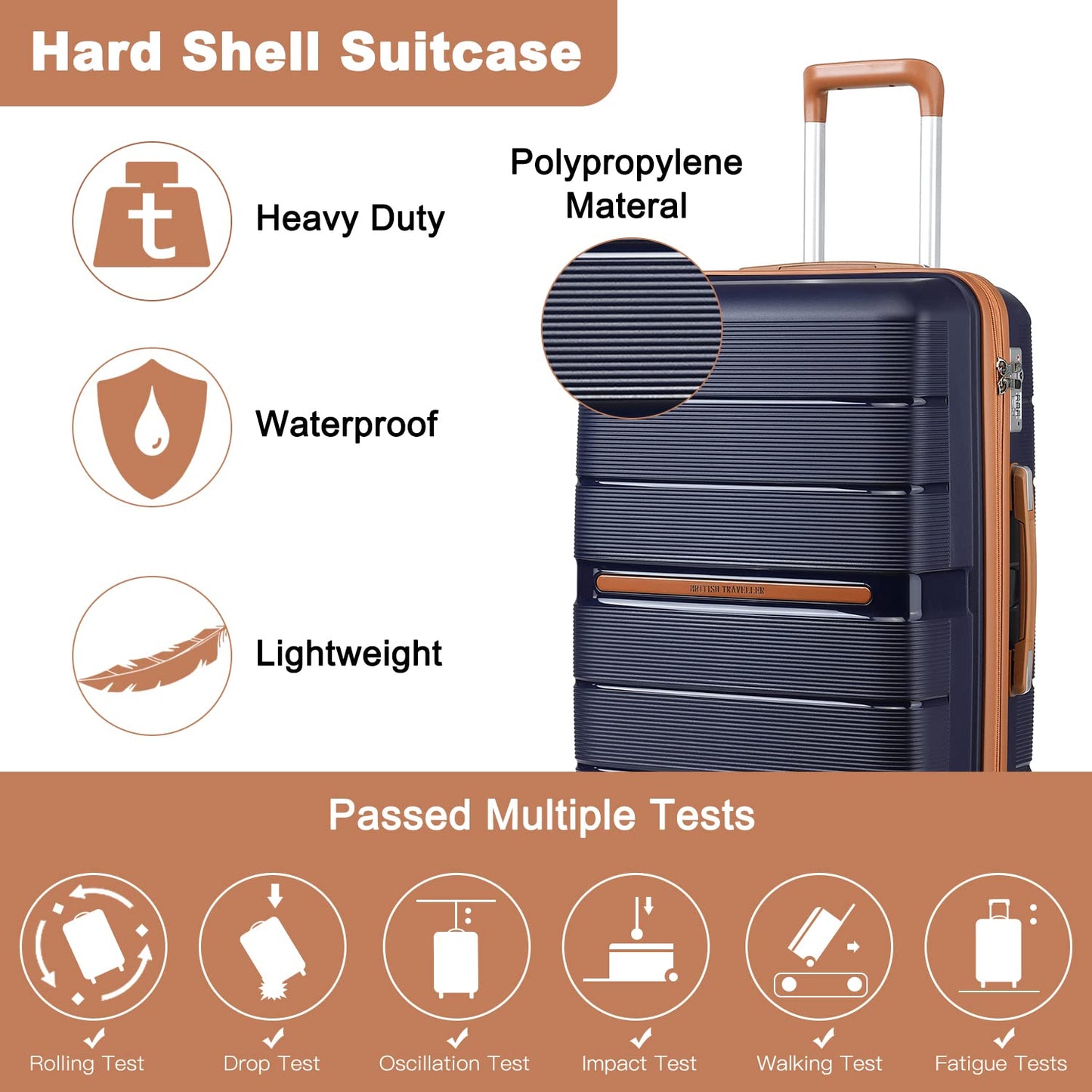 British Traveller Suitcase Check in Hold Luggage Lightweight PP Hard Shell Travel Trolley Suitcase with 4 Spinner Wheels TSA Lock (Navy, 76cm 92L)