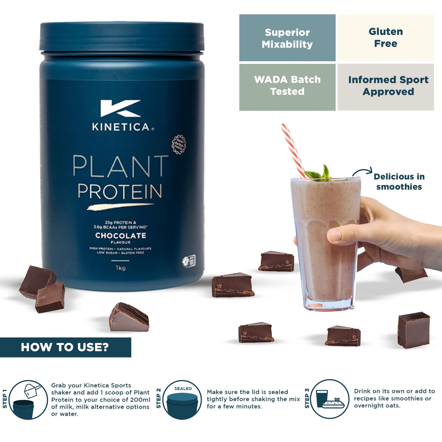 Kinetica Sports Plant Protein Powder - Chocolate Flavour | 23g Protein/Serve, 33 Servings/1Kg | Blend of Pea & Rice Protein | Dairy & Gluten Free |Vegan & Low in Sugar | Easy Mixability