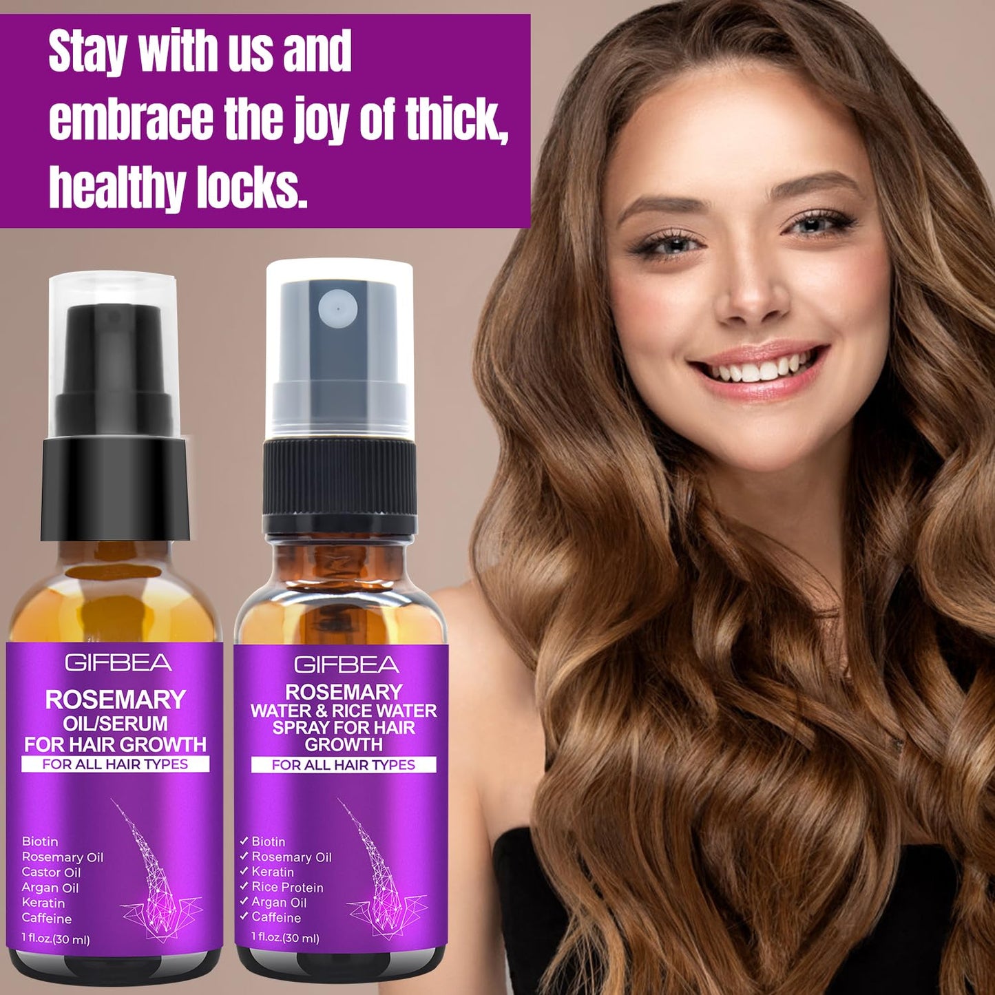GIFBEA Rosemary Oil Serum for Hair Growth W/Rosemary Water & Rice Water Spray Hair Growth,Biotin Castor Oil Argan Oil Caffeine Keratin Reduce Hair Loss,Hair Thickening Products Treatment for Women Men