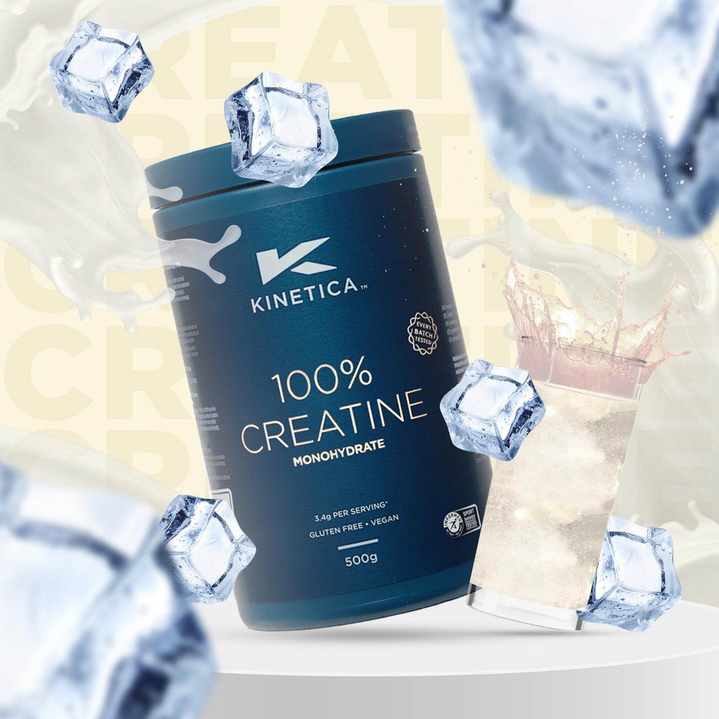 Kinetica Sports Creapure® 100% Creatine Monohydrate Powder - Unflavoured | 3.4g Creatine/Serve, 147 Servings/500g Pack | Vegan & Gluten Free | Optimum for High Physical Performance & Muscle Power