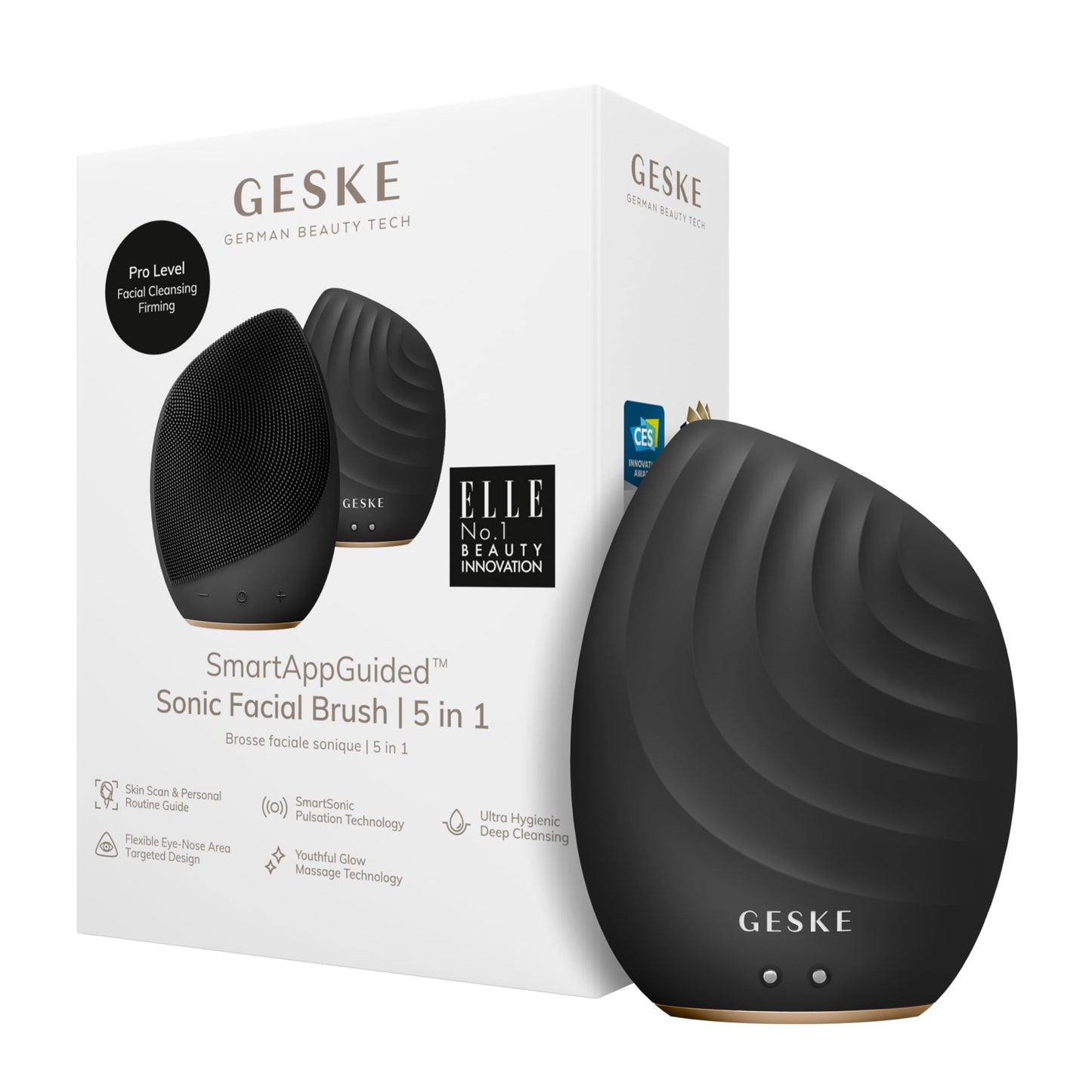 GESKE SmartAppGuided™ Sonic Facial Brush 5 in 1 | vibrating electric facial cleansing brush | soft silicone brush | professional facial cleanser | skin cleanser & exfoliator | face massager