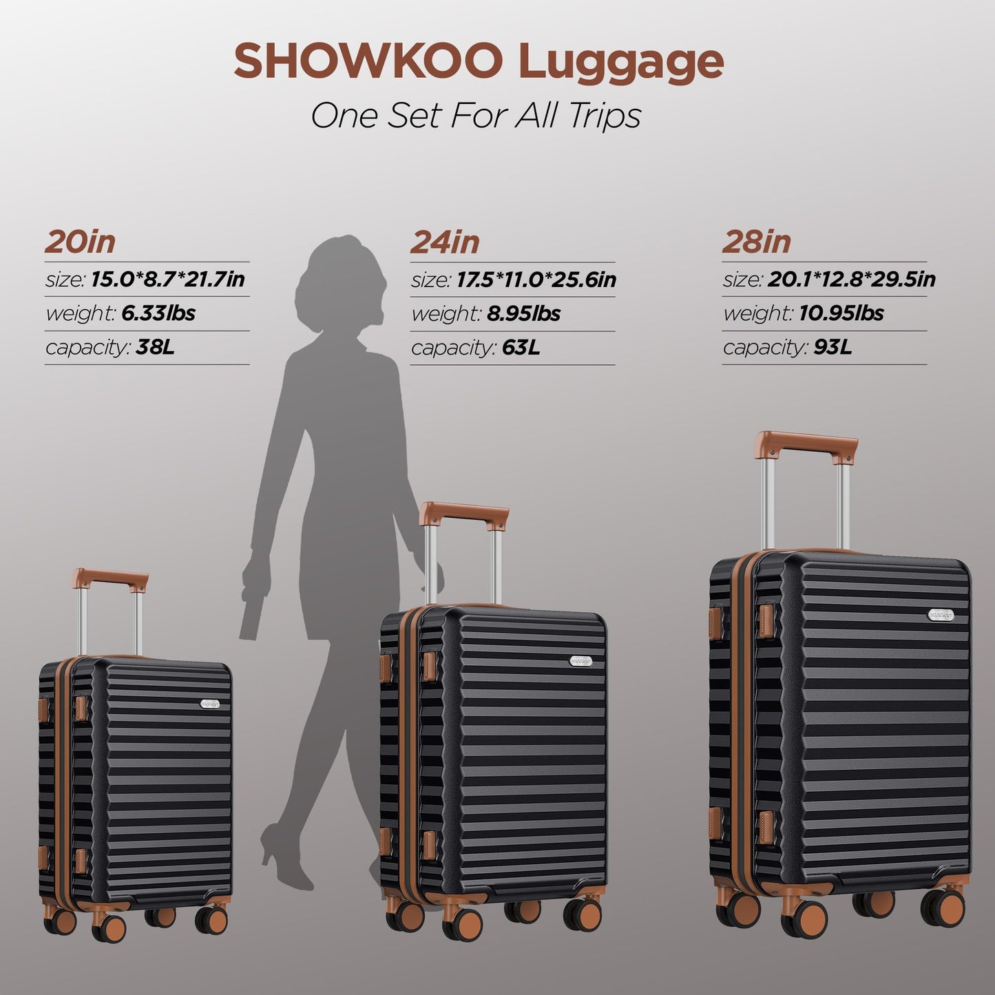 SHOWKOO Suitcase Sets 3 Piece Hardshell 100% PC Expandable Lightweight Carry on Travel Hand Luggage with Double Spinner Wheels & TSA Lock, Elegant Black