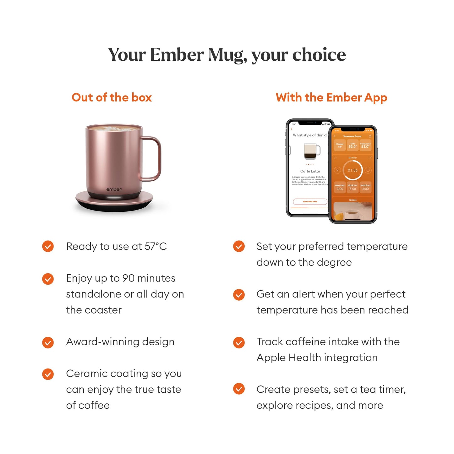 Ember Temperature Control Smart Mug 2-295 ml App-Controlled and Rechargeable Heated Coffee Mug with Intelligent LED Display, 1.5-hr Battery Life and Improved Design, Rose Gold