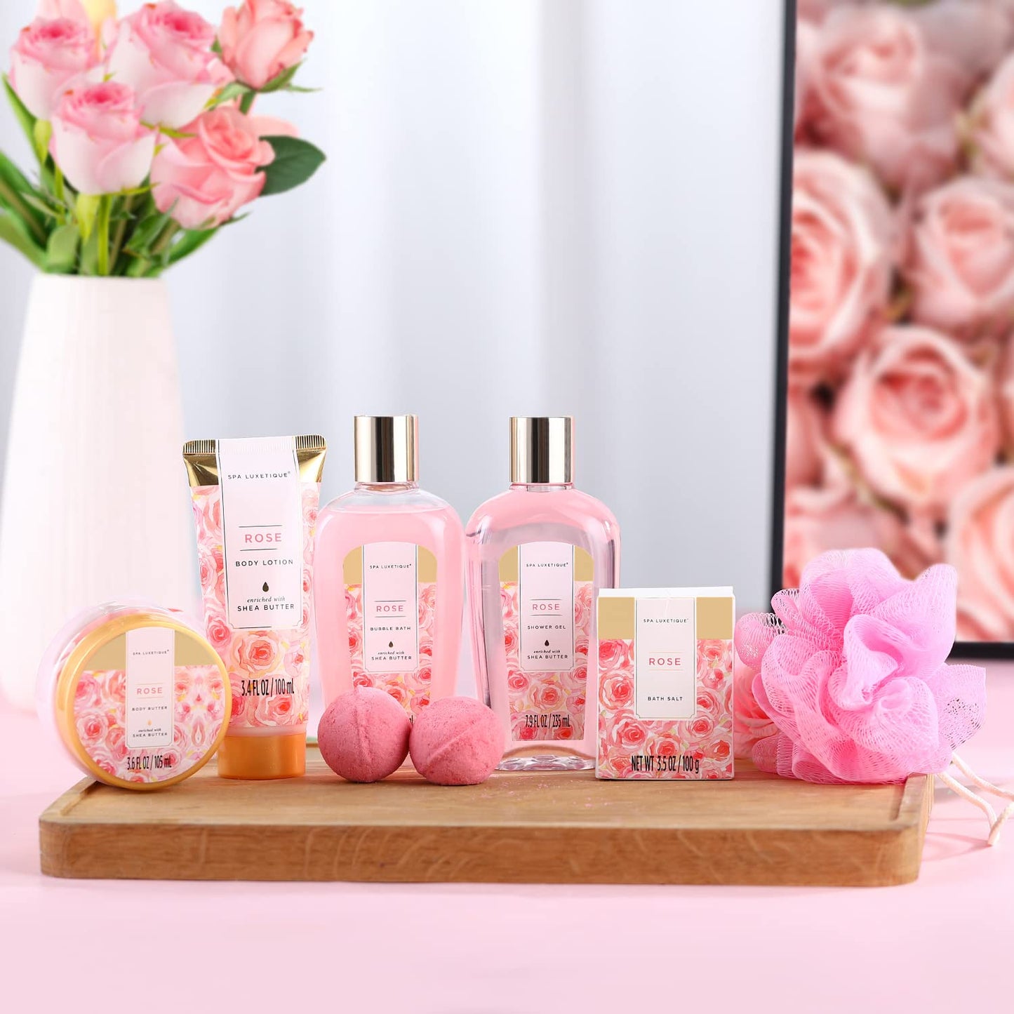 Spa Luxetique Spa Gift Set, Pamper Gifts for Women, 8pcs Rose Bath Gift Set with Body Lotion, Body Butter, Bath Bombs, Bath Gift Sets for Women, Personalised Gifts, Birthday Gifts for Women