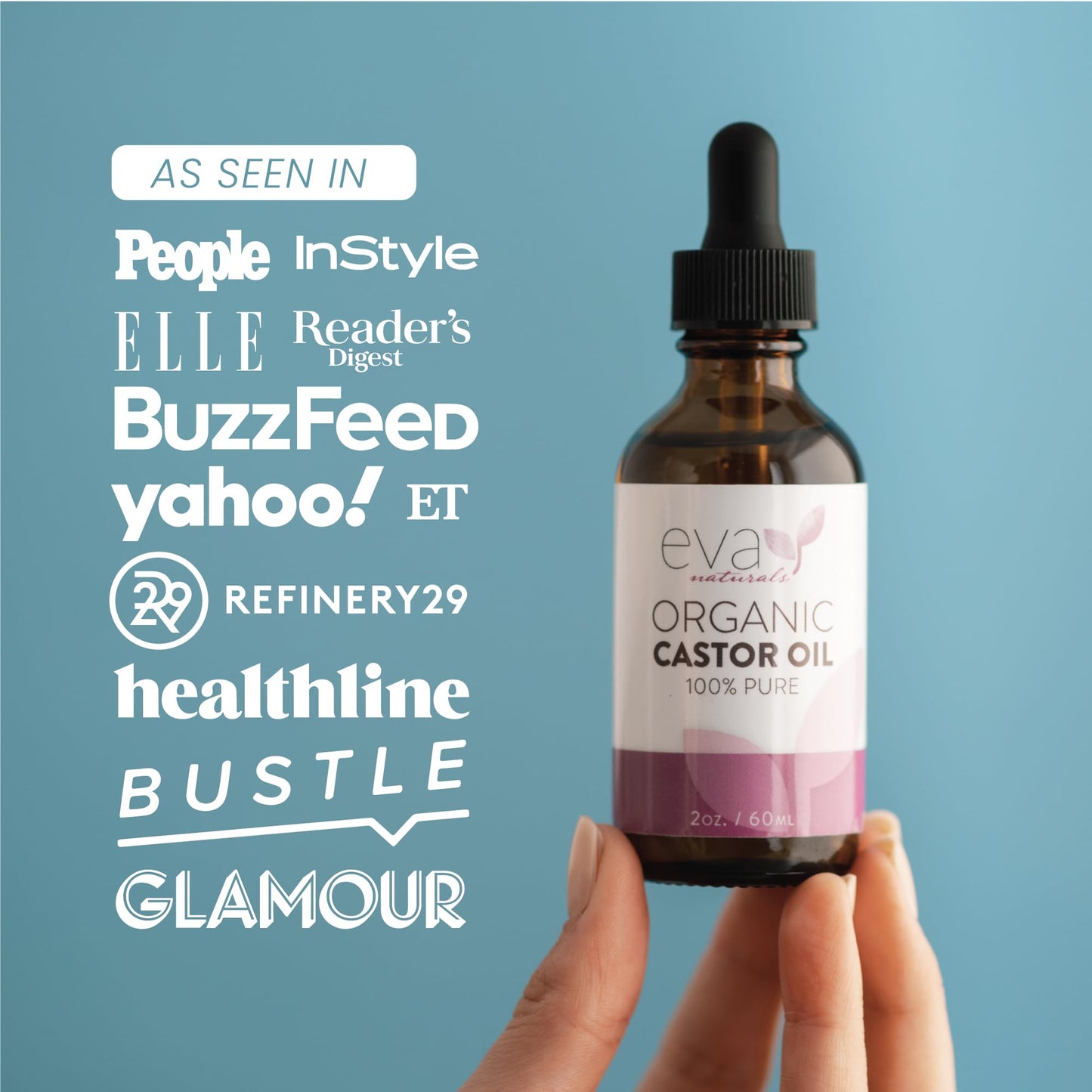 Eva Naturals Organic Castor Oil (60ml) - Promotes Hair, Eyebrow and Eyelash Growth - Diminishes Wrinkles and Signs of Aging - Hydrates and Nourishes Skin - 100% Pure - Cold Pressed