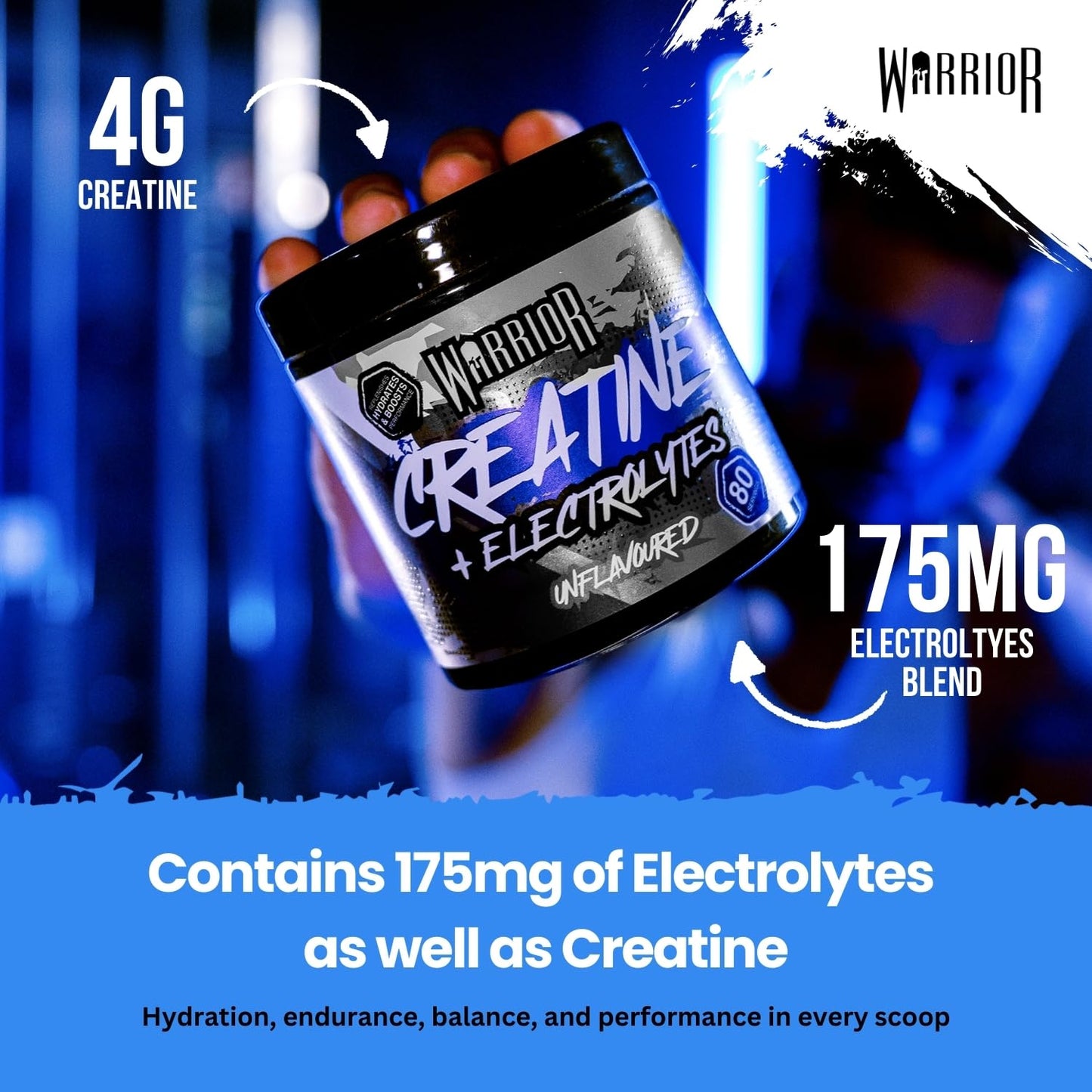Warrior Creatine Monohydrate Plus Electrolytes Powder 360g - Hydration and Performance Drink - Nutrition Shake to Promote Muscle Growth (Not Tablets, Sachet, Gummies) - 80 Servings (Unflavoured)