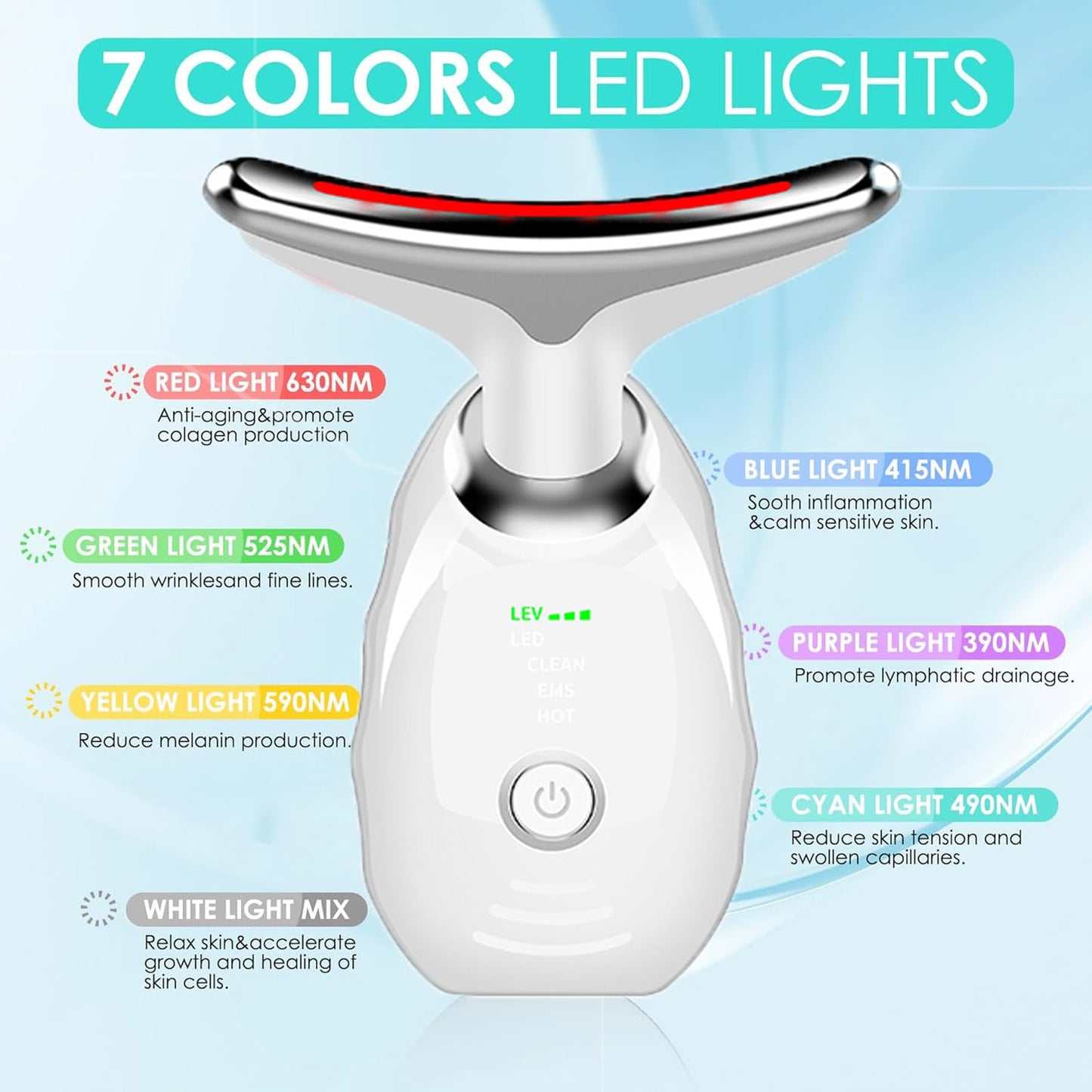 Electric Face Massager, 7 Color Anti-Wrinkle Face Device with 3 Massage Modes, Facial Neck Massager with Vibration for Skin Tightening and Smoothness