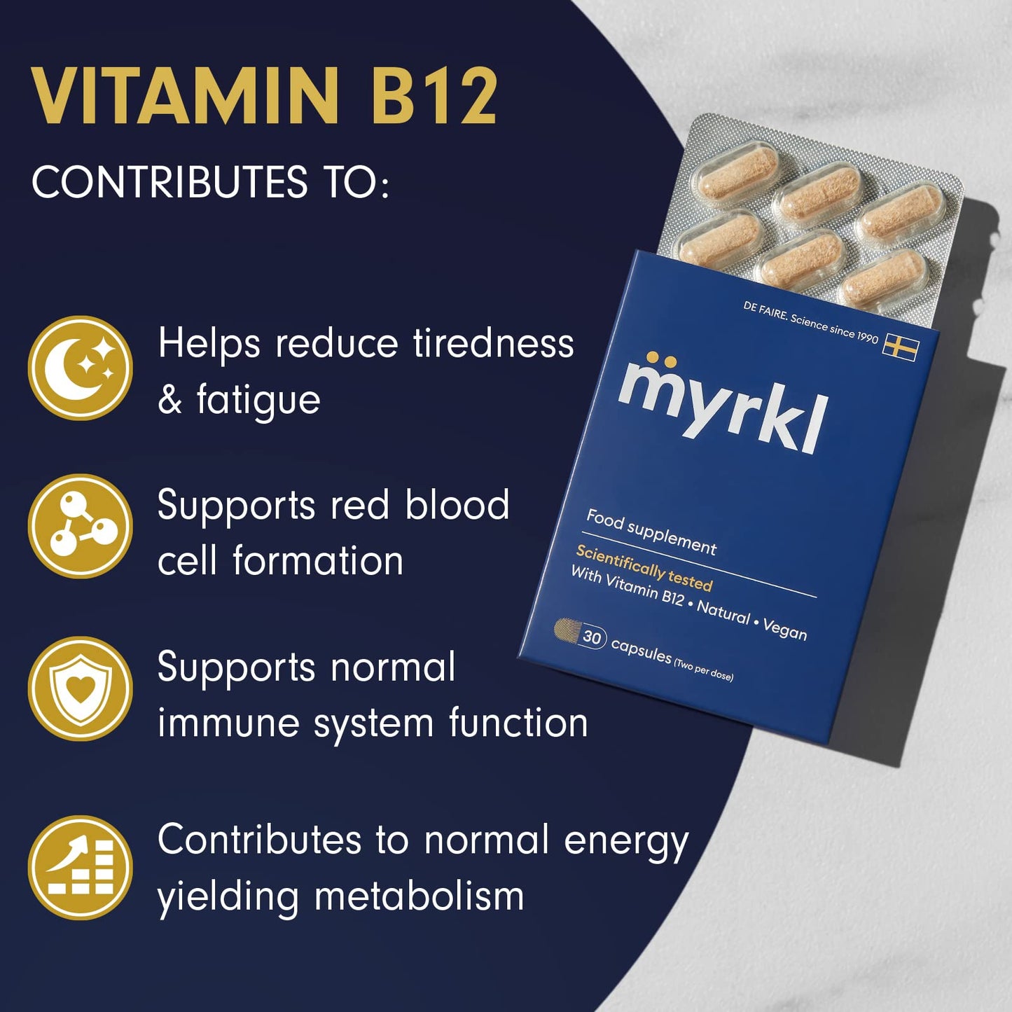 Myrkl, Unique Formula of Probiotics & L Cysteine, Vitamin B12 which Helps Reduce Tiredness and Fatigue, Helps Morning Energy, Food Supplement, Natural, Vegan, 30 Capsules