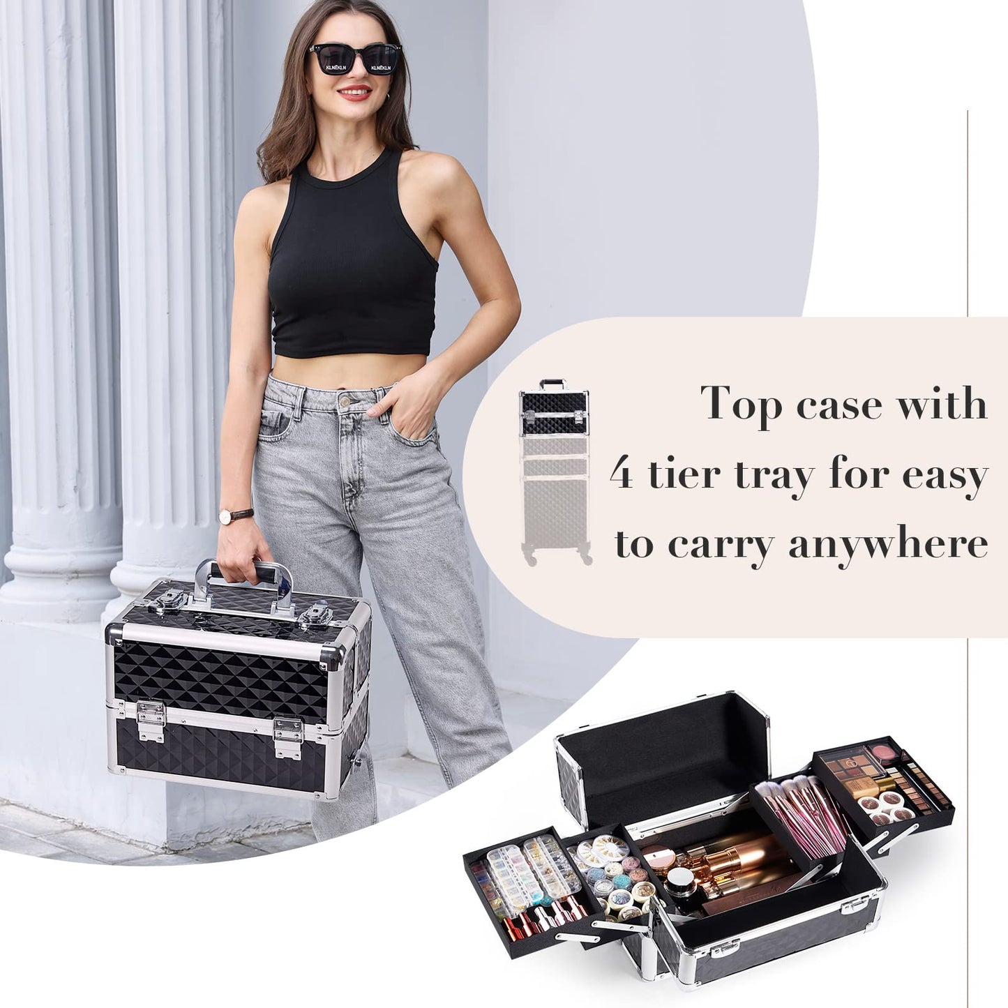 Joligrace 4-in-1 Tall Vanity Case for Women Makeup Box Make Up Beauty Trolley on Wheels Professional Large Makeup Case Organiser Rolling Box Nail Technician case with Locks (Black)
