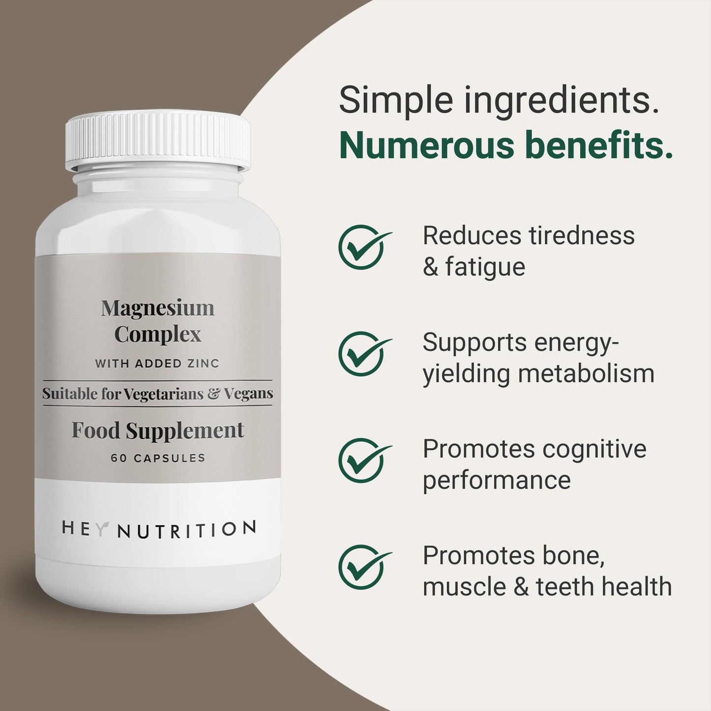 Hey Nutrition Magnesium Complex High Strength 205mg Supplement - Zinc, Vitamin D3 - Muscle & Bone Health, Nerve Function & Energy Support - UK Manufactured - Non-GMO - 60 Vegetarian Capsules