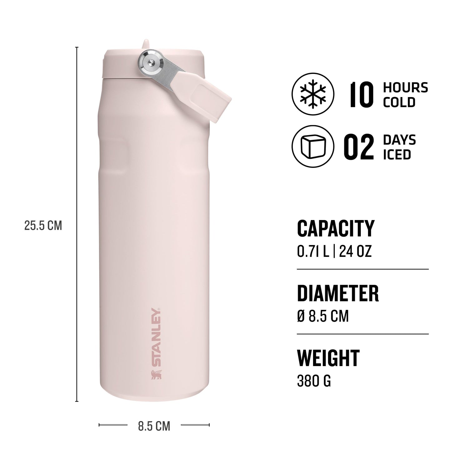 Stanley Flip Straw 2.0 Sports Water Bottle With Straw 0.7L - 10 Hours Cold - 2 Days Iced - Stainless Steel - BPA Free - Leak Resistant - Fits in Cup Holder - Dishwasher Safe - Rose Quartz