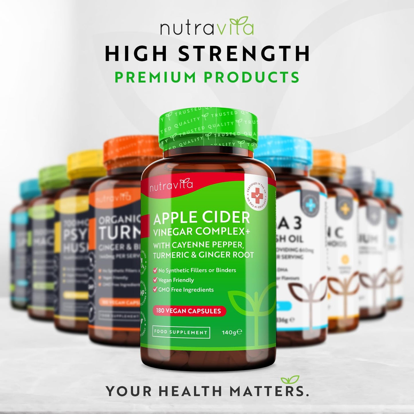 Apple Cider Vinegar Capsules with Cayenne Pepper, Turmeric and Ginger Root - 180 Vegan Capsules Made from UK Grown Apples - Raw Unfiltered ACV - 1033mg Daily Dosage - Made in The UK by Nutravita