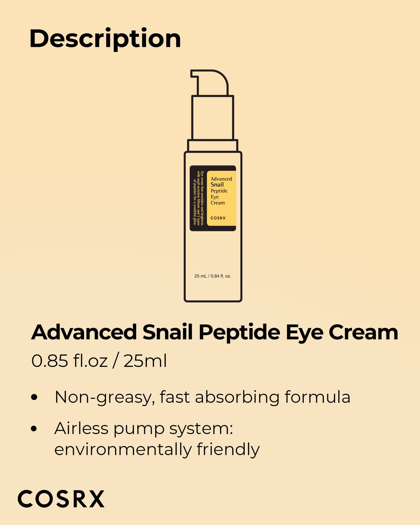 COSRX Advanced Snail Peptide Eye Cream Korean Eye Cream with Snail Mucin, Niacinamide & Peptide for Under Eye Brightening, Anti aging, Fine Lines, Dark Circles & Wrinkle Reduction Korean Skincare 25ml