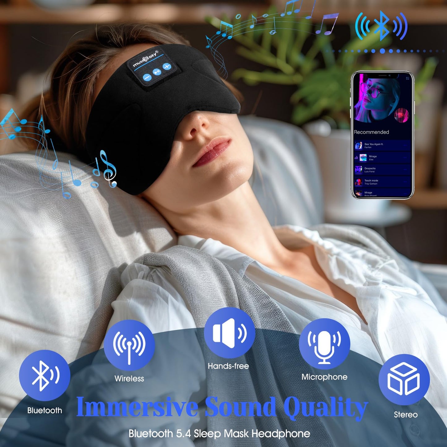 Musicozy Sleep Mask Headphones Bluetooth Sleep Mask,Soft Eye Mask Headphones for Sleeping/Relaxation -100% Blackout Sleep Masks with Headphones for Travel/Meditation/Yoga,Unisex Gifts for Men Women