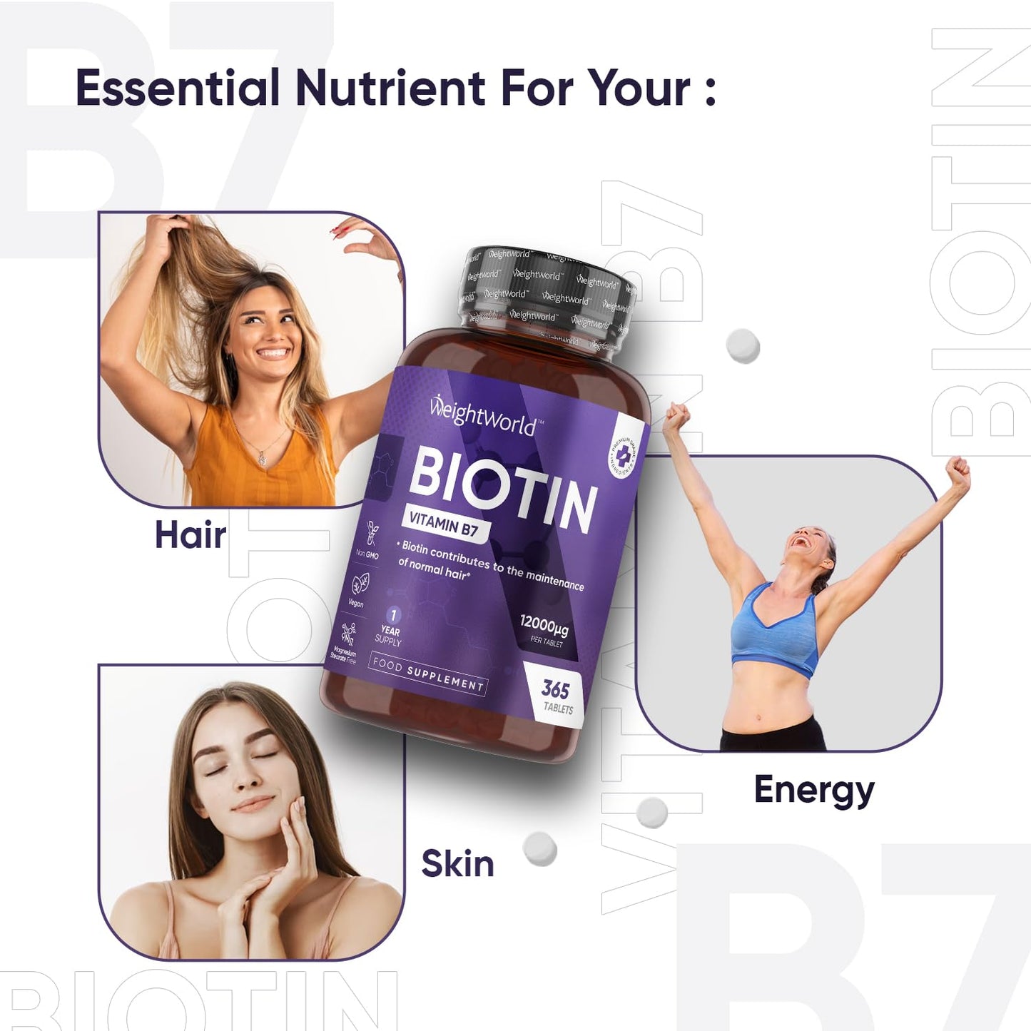 Biotin Hair Growth Supplement 12000mcg - 365 Vegan Biotin Tablets (1 Year Supply) - Hair Skin & Nails Vitamins for Women & Men