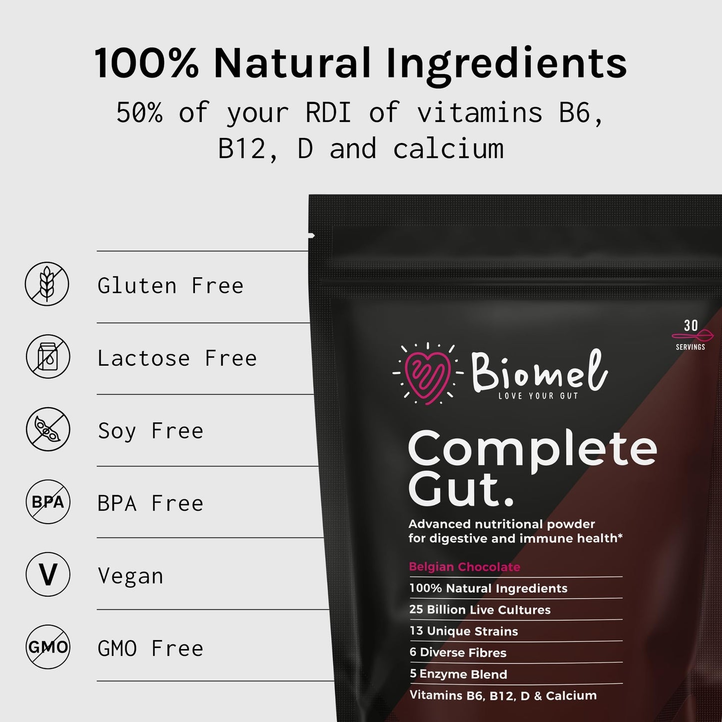 Biomel Complete Gut - Belgian Chocolate - 4 in 1 Gut Health Powder with Diverse Fibres - 450g/30 Servings - Vegan Friendly - Gluten Free - Live Cultures for Gut Health - Delicious & Effective