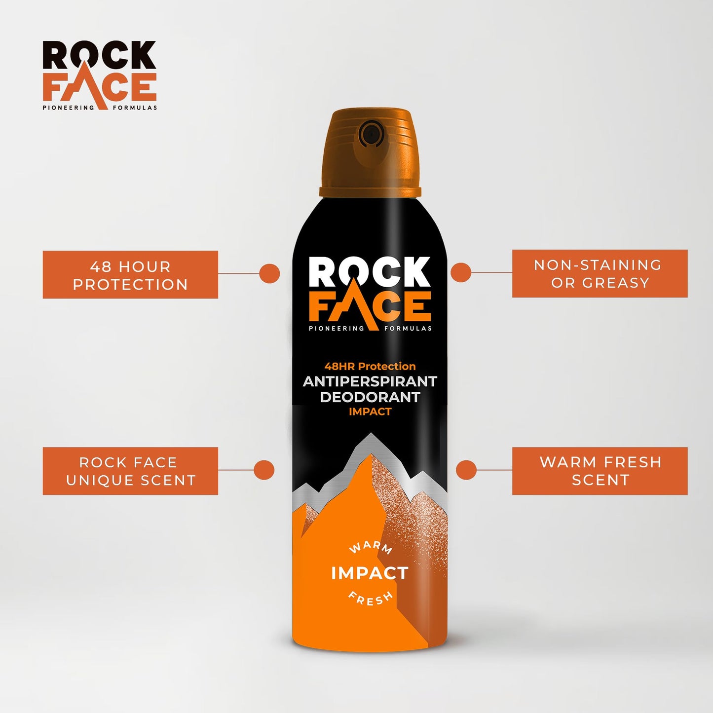 Rock Face Antiperspirant Deodorant for Men - Impact Ginger & Amber Scent, 200ml Spray, 48 Hour Protection, Non-Staining, Multipack of 6