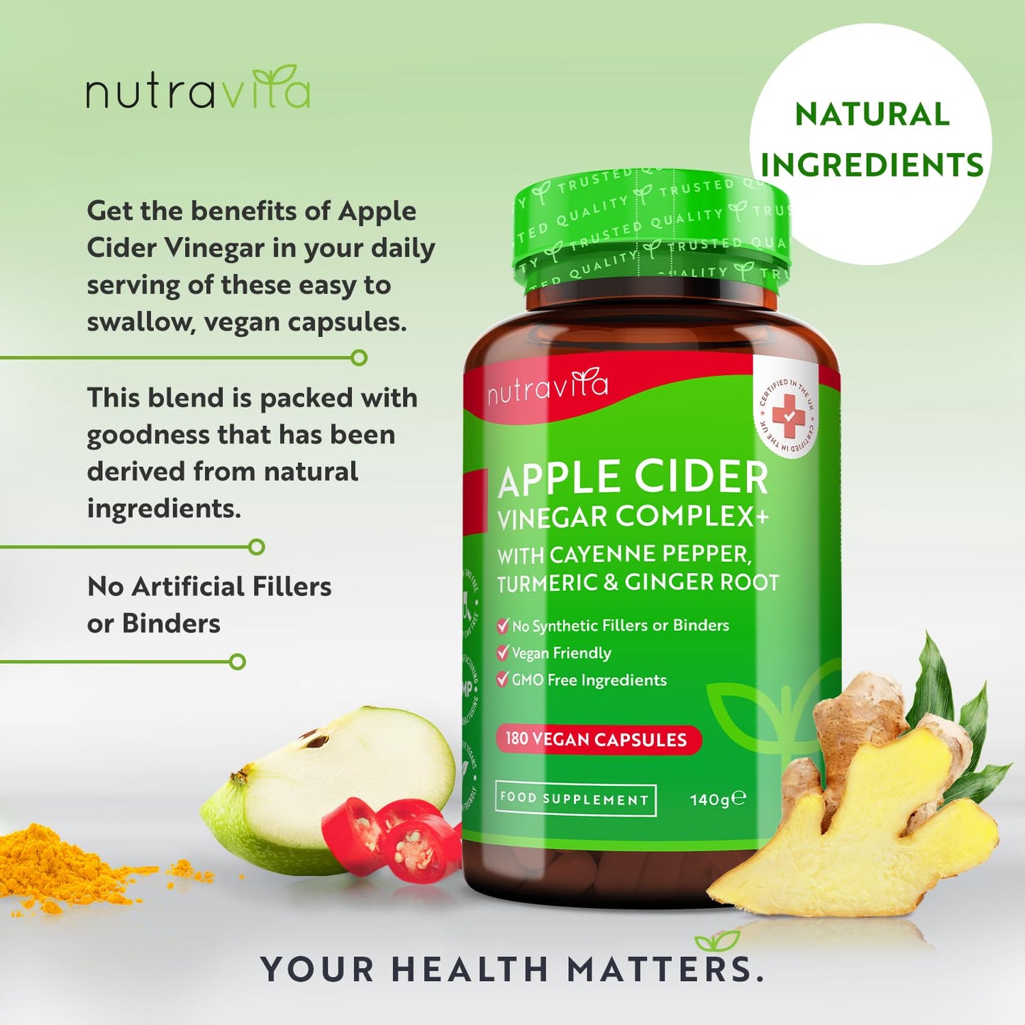 Apple Cider Vinegar Capsules with Cayenne Pepper, Turmeric and Ginger Root - 180 Vegan Capsules Made from UK Grown Apples - Raw Unfiltered ACV - 1033mg Daily Dosage - Made in The UK by Nutravita