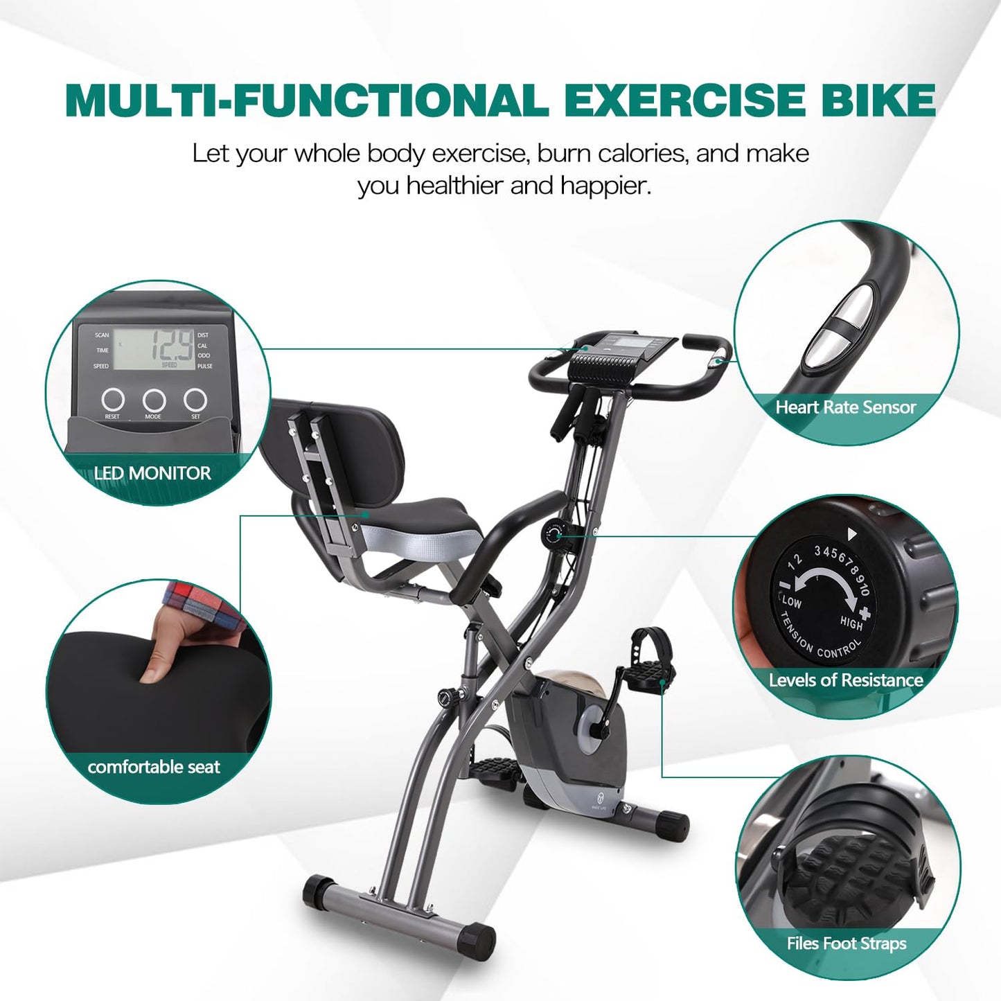 Folding Exercise Bike with 10-Level Adjustable Magnetic Resistance | Upright and Recumbent Foldable Stationary Bike is The Perfect Workout Bike for Home Use for Men, Women (Grey)