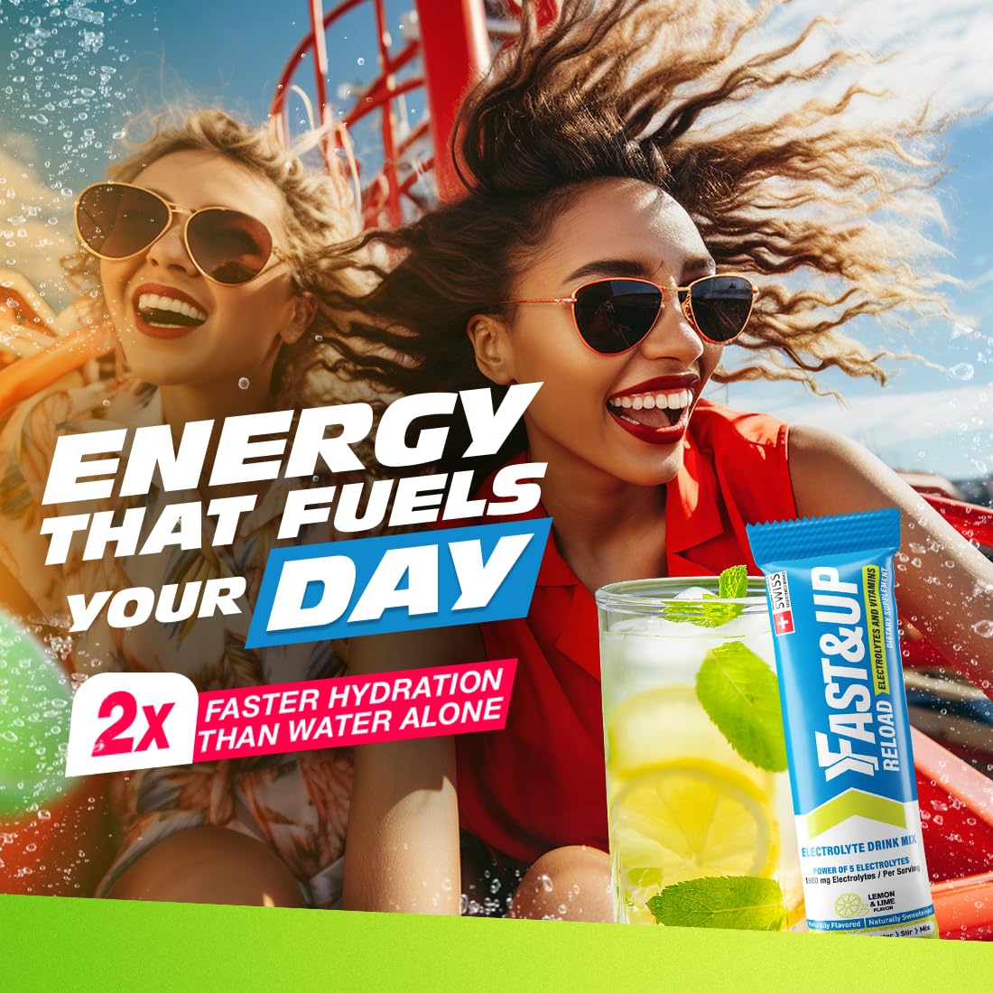 Fast&Up Reload Electrolyte Powder Drink Mix |15 sachets| 5 Electrolytes & Vitamins for Instant Hydration & Energy | (Lemon & Lime)