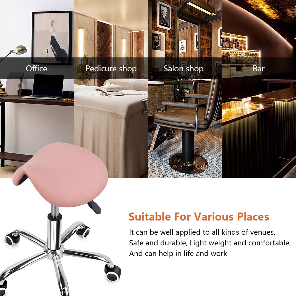 KKTONER Rolling Saddle Stool PU Leather Swivel Adjustable Rolling Stool with Wheels Salon Chair (Pink)