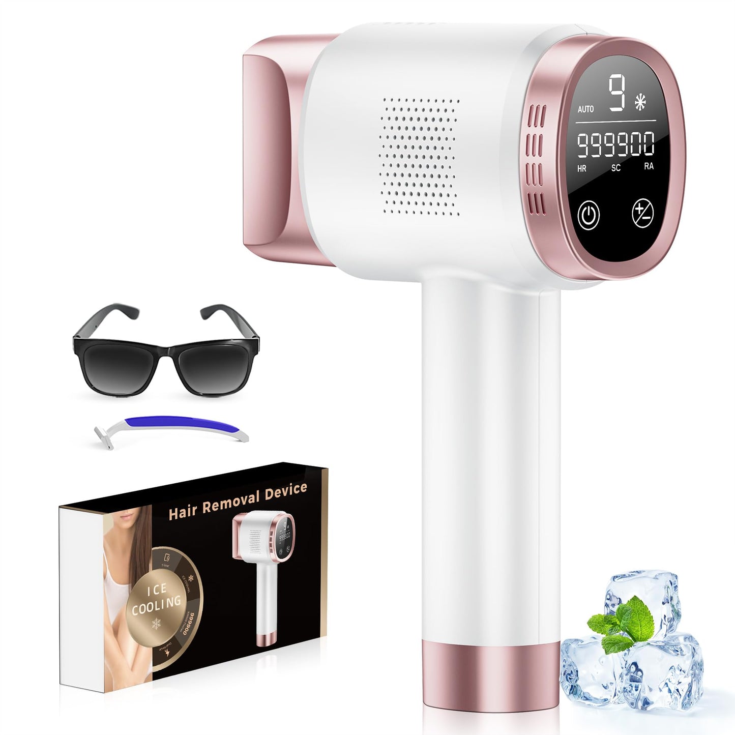 Beauris Ice-Cooling IPL Hair Removal Device, 21J Laser Hair Removal Device with 3 Functions, 9 Energy Levels, IPL Laser Hair Remover for Women Men, Facial Bikini Line Arm Armpits Leg Body, Rose Gold