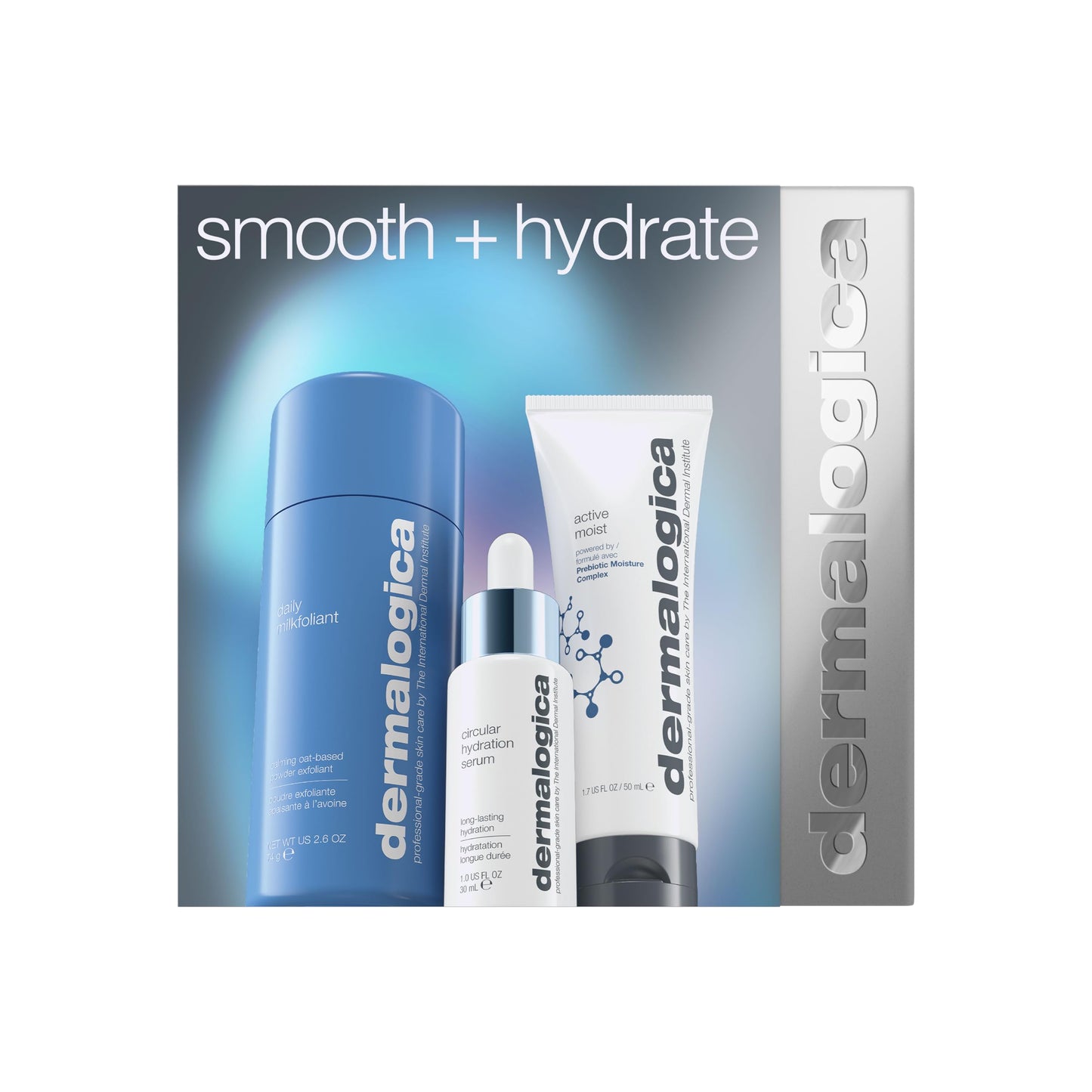 Dermalogica Smooth and Hydrate Gift Set, Full-Size Daily Milkfoliant 74g, Circular Hydration Serum 30ml, Active Moist Moisturiser 50ml, Skincare Set, Pack of 3