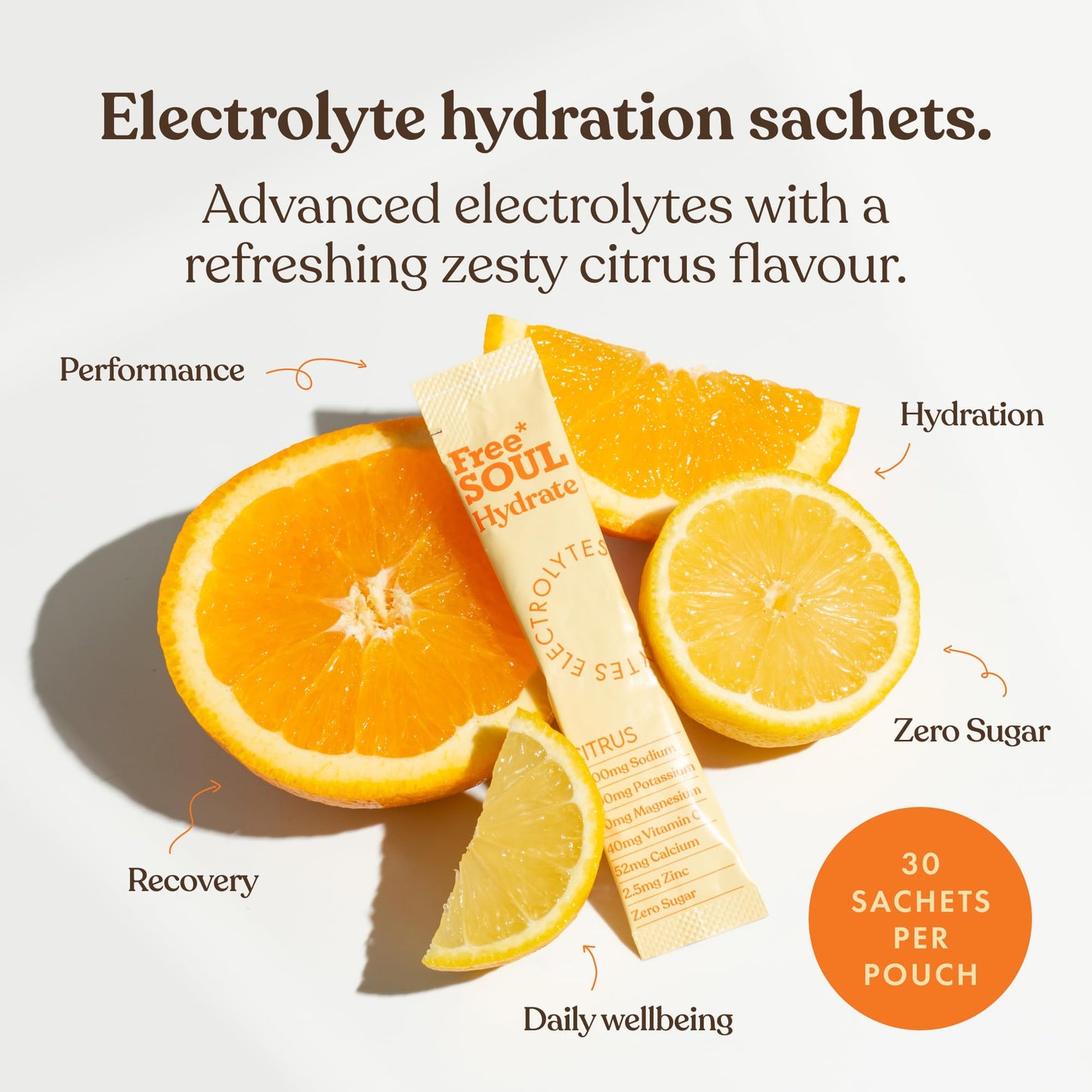 Free Soul Hydrate | Electrolyte Hydration Sachets with Sodium, Magnesium, Vitamin C, & More | Zero Sugar, Advanced Electrolyte Powder for Daily Use | Citrus Salt Flavour | 30 Sachets